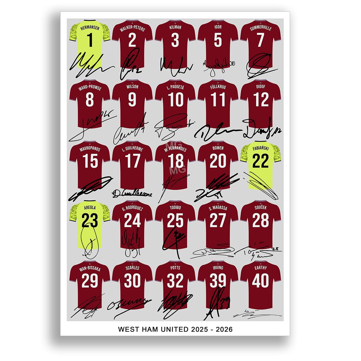 Mounted Gifts Trading West Ham United Team Squad 2025-2026 Signed Poster Print Framed Picture Photo Autograph Gift 25/26 Paquetá Jarrod Bowen Summerville (A4 Squad Poster)