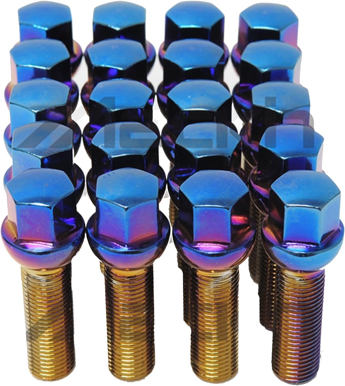 Mevius40611UN Blue Neon 14mm x 1.5" x 27mm Thread Size Ball Seat Lug Bolt, (Set of 20)