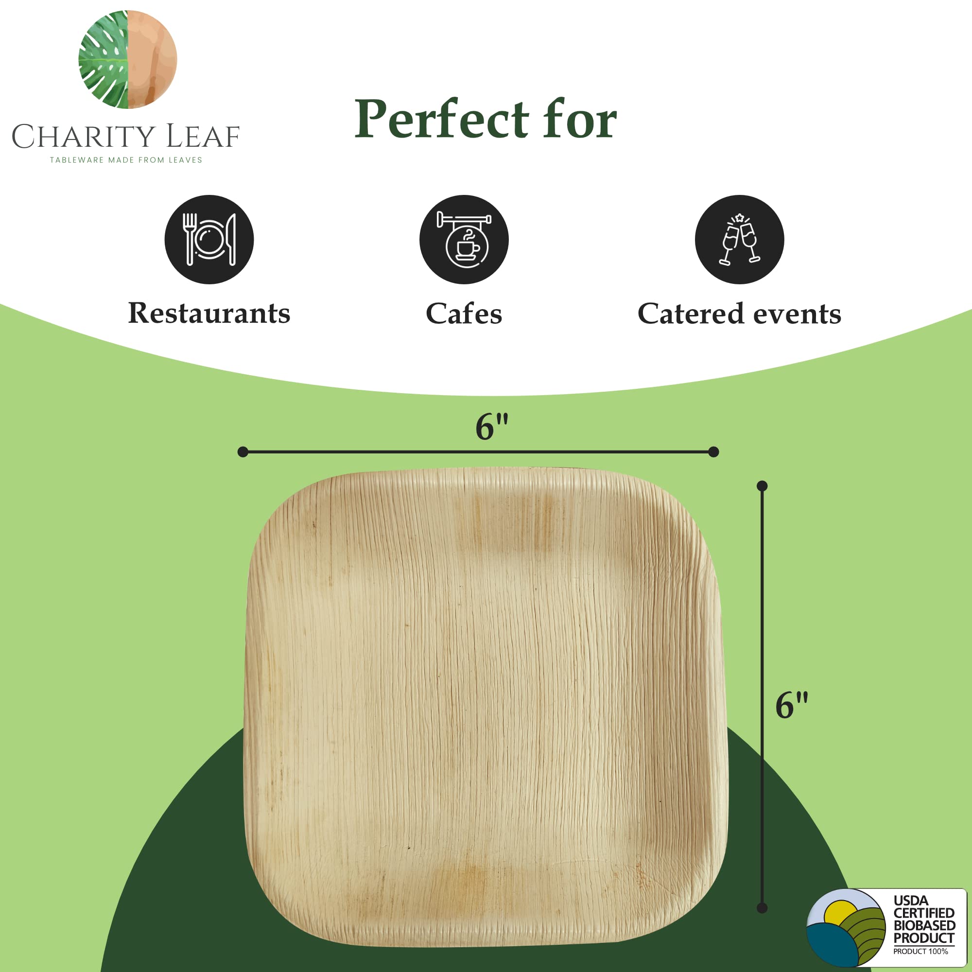 Charity Leaf - Platos desechables de hoja de palma como juego de platos cuadrados de bambú| bodas, tablas de embutidos, barbacoas y fiestas | Platos Cuadrados (50, 6 Cuadrados)