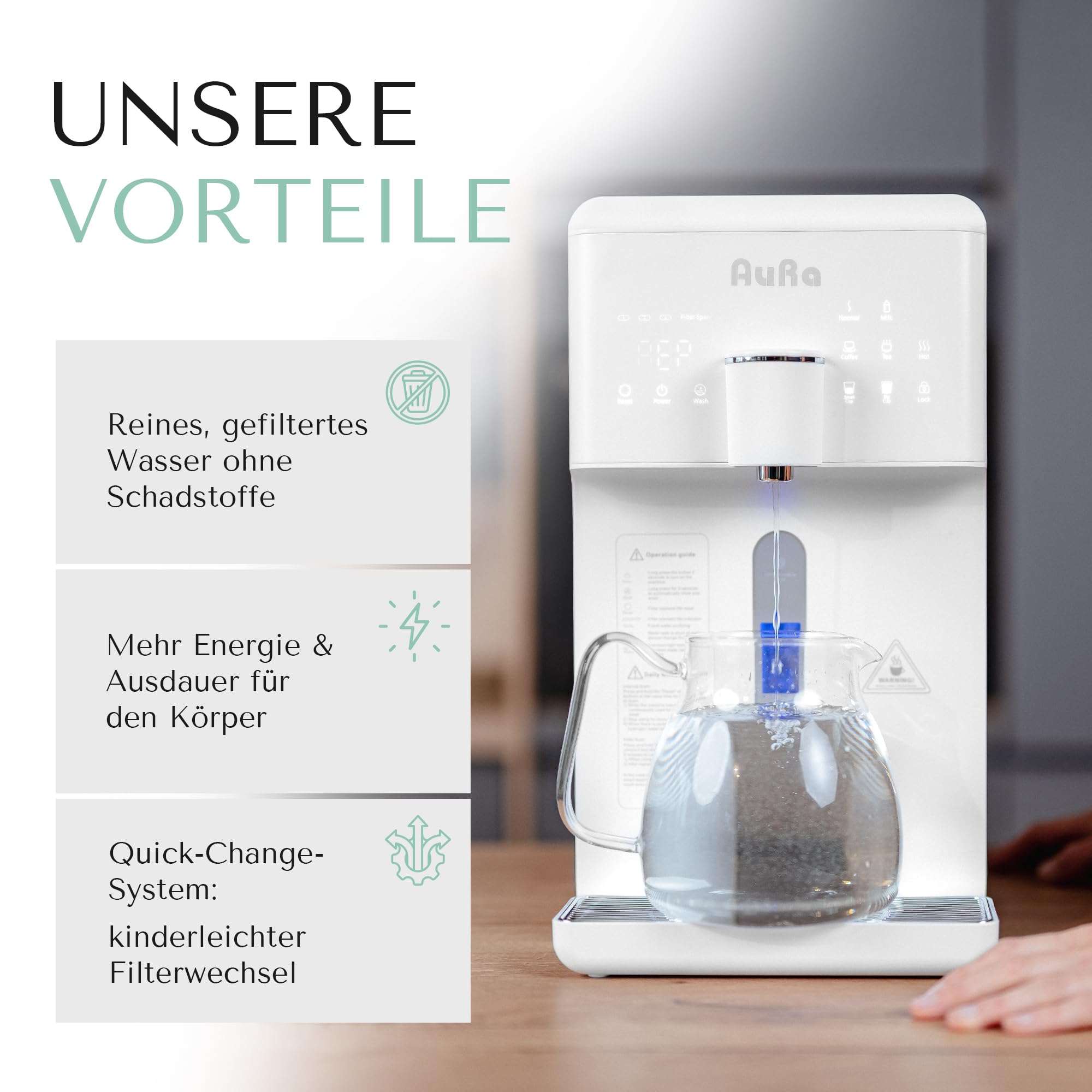 AuRa - Sistema de ósmosis para agua potable [sin depósito] - Filtro espacioso y dispensador de agua caliente
