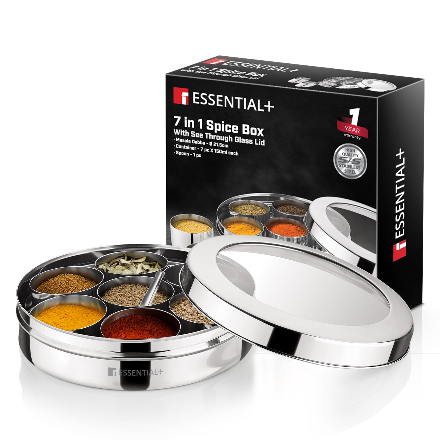 Essential Plus 7 in 1 Stainless Steel 21.5cm Masala Dabba with 7 Container, 1 Spoon and See Through Glass Lid, Spice Box/Masala Dani/Container/ Organiser for Kitchen, 100% Food Safe, Easy to Clean Essential Plus 7 in 1 Stainless Steel 21.5cm Masala Dabba with 7 Container, 1 Spoon and See Through Glass Lid, Spice Box/Masala Dani/Container/ Organiser for Kitchen, 100% Food Safe, Easy to Clean