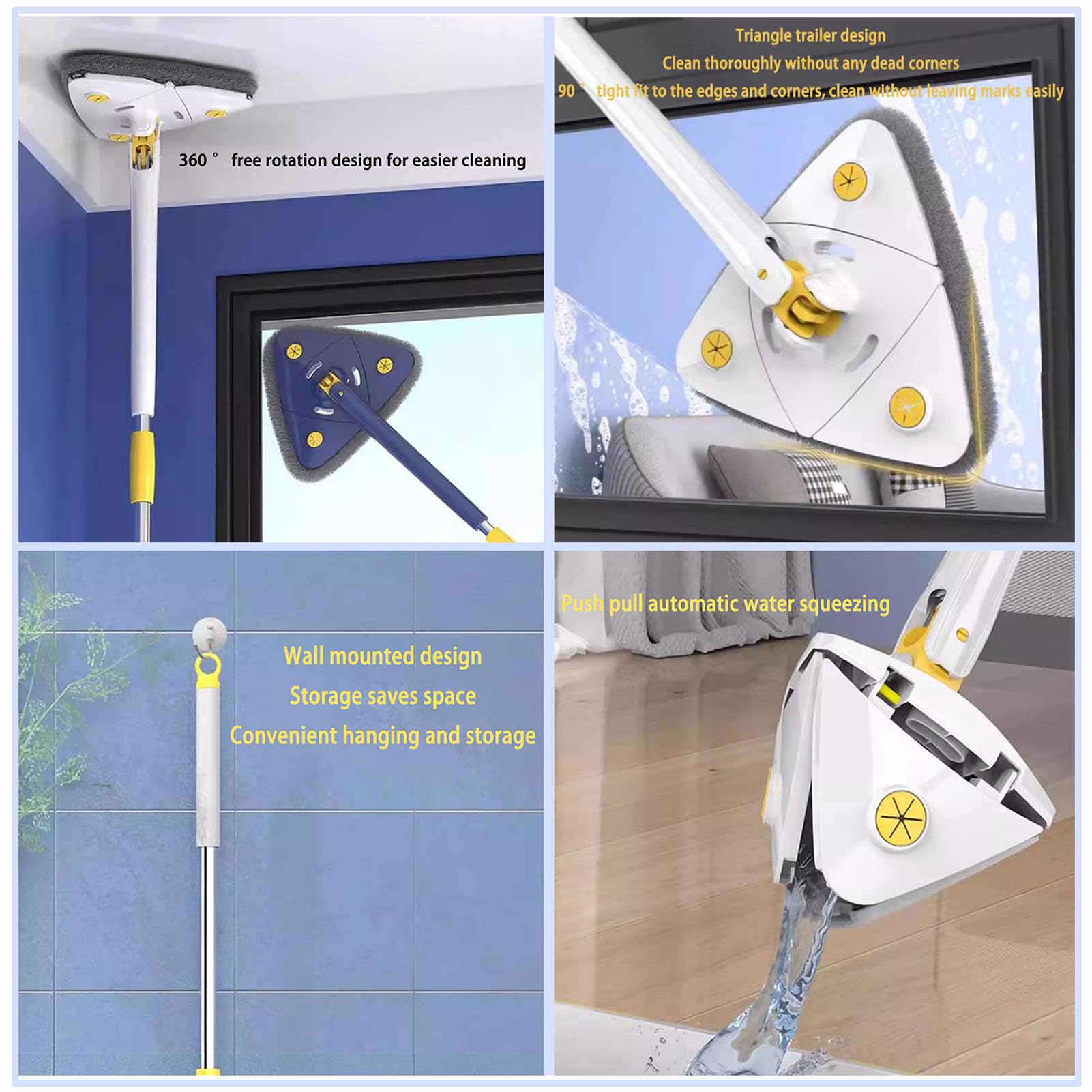 Mopa Triangular Giratoria 360°,Trapeador Automático de Drenaje,Fregona Limpiadora de Paredes con 4 Paños de Microfibra,Mopa Giratoria Telescópica para Suelos Azulejos Techos Ventanas,Blanca