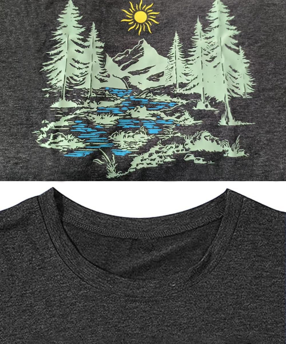Hiking Shirt for Women Funny Nature Sunrise Graphic Mountain T Shirt Summer Casual Workout Short Sleeve Adventure Tees