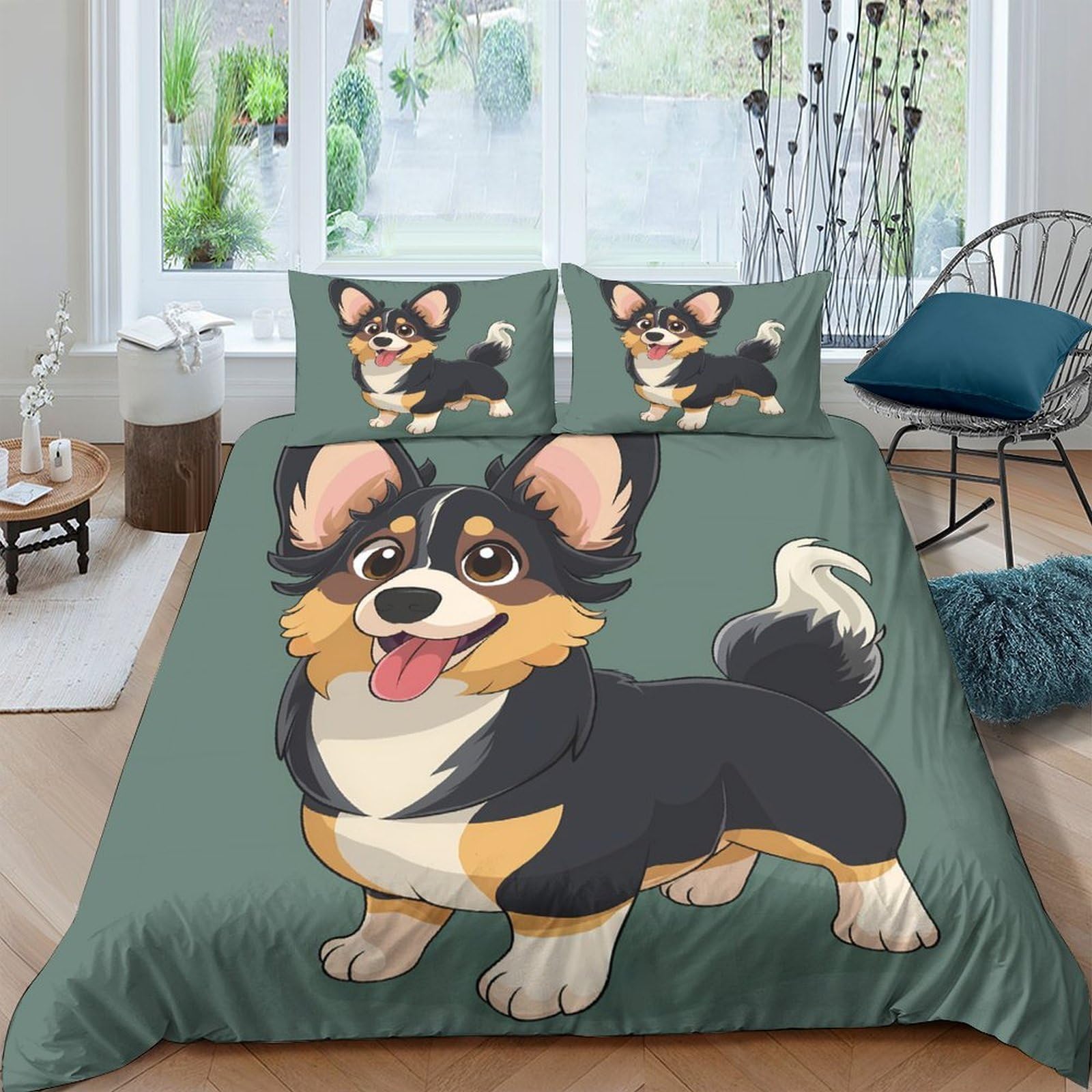 Ctjqhvkz Style-3 3D Printed Cartoon Corgi Fitted Sheet Microfiber Soft Green Dog Pattern Bed Cover For Bedroom Guest Room Mattress Decor Single（135X200cm）