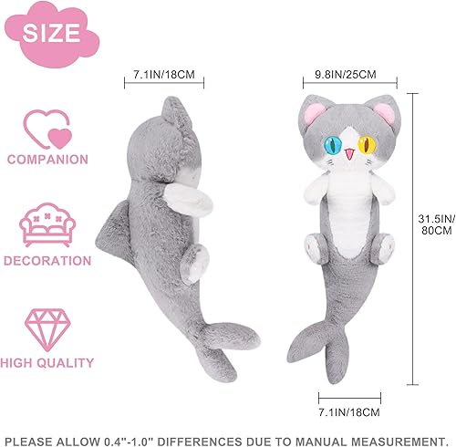 Miniatura 7 de Peluche de gato de tiburón largo de 31.5 pulgadas, animal de peluche de gato gris, diseño creativo de cara de tiburón de ojos extraños, almohada