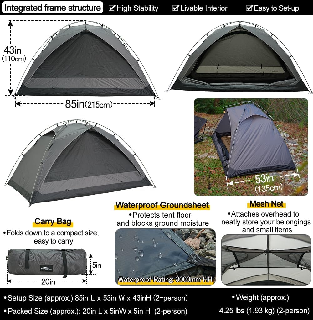 Soomloom Hiking Tent RENATTA 2P Lightweight Spacious Comfortable Camping Windproof Waterproof UV Protection Ventilation Easy Setup 2-Person Camping Shelter