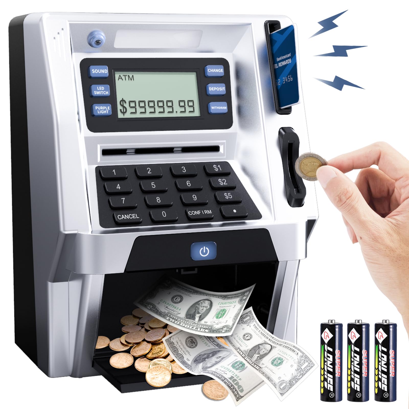 Blingbin Upgraded ATM Piggy Bank for Kids, ATM Bank Machine for Real Money with Debit Card, Bill Feeder, Coin Recognition, Balance Calculator, Electronic Saving Safe Machine Box for Boys Girls Gift