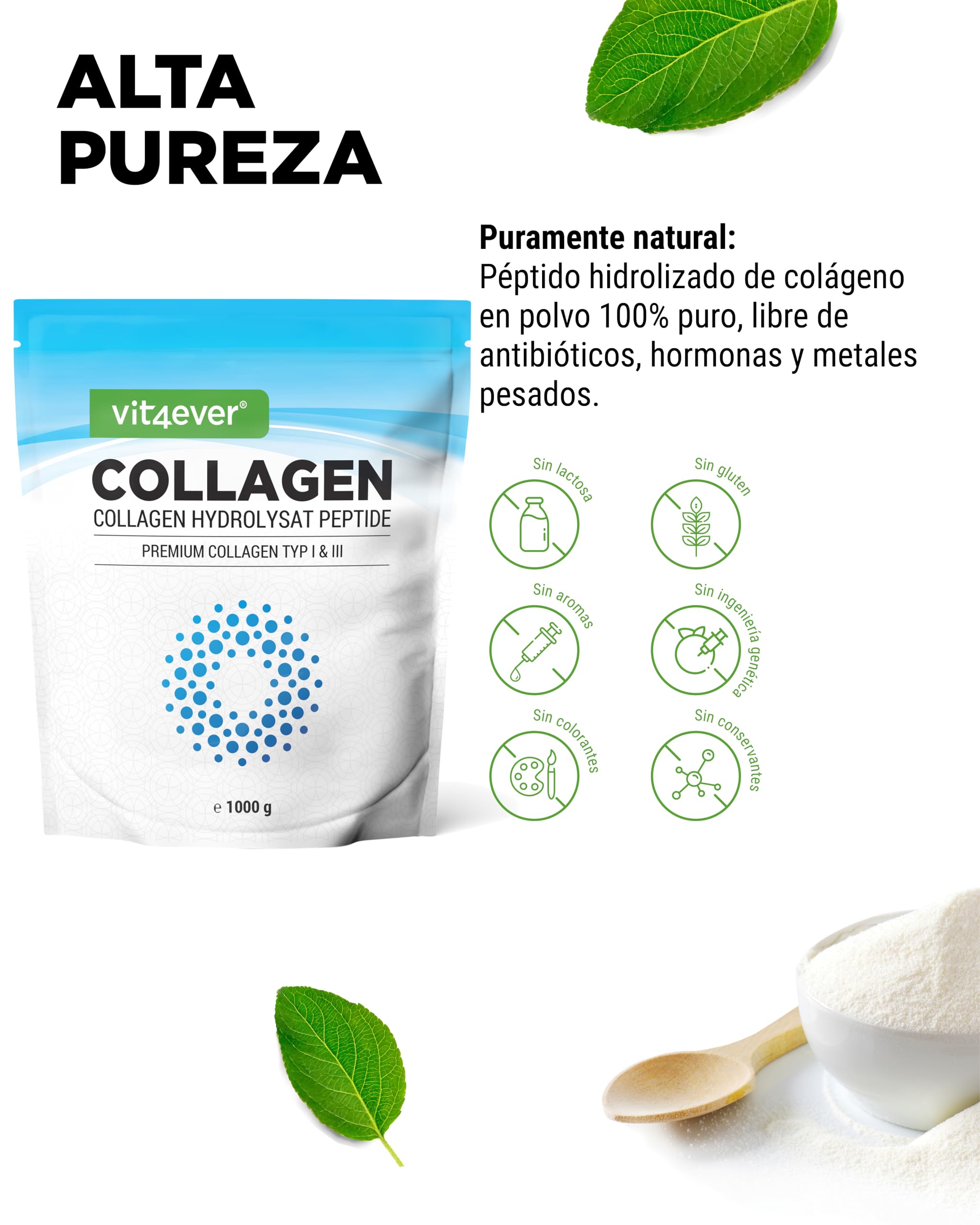 Colágeno en Polvo 1000 g - 100% Péptidos hidrolizados de Colágeno Bioactivo - Tipo 1 y 3 - Sabor neutro - Sin aditivos