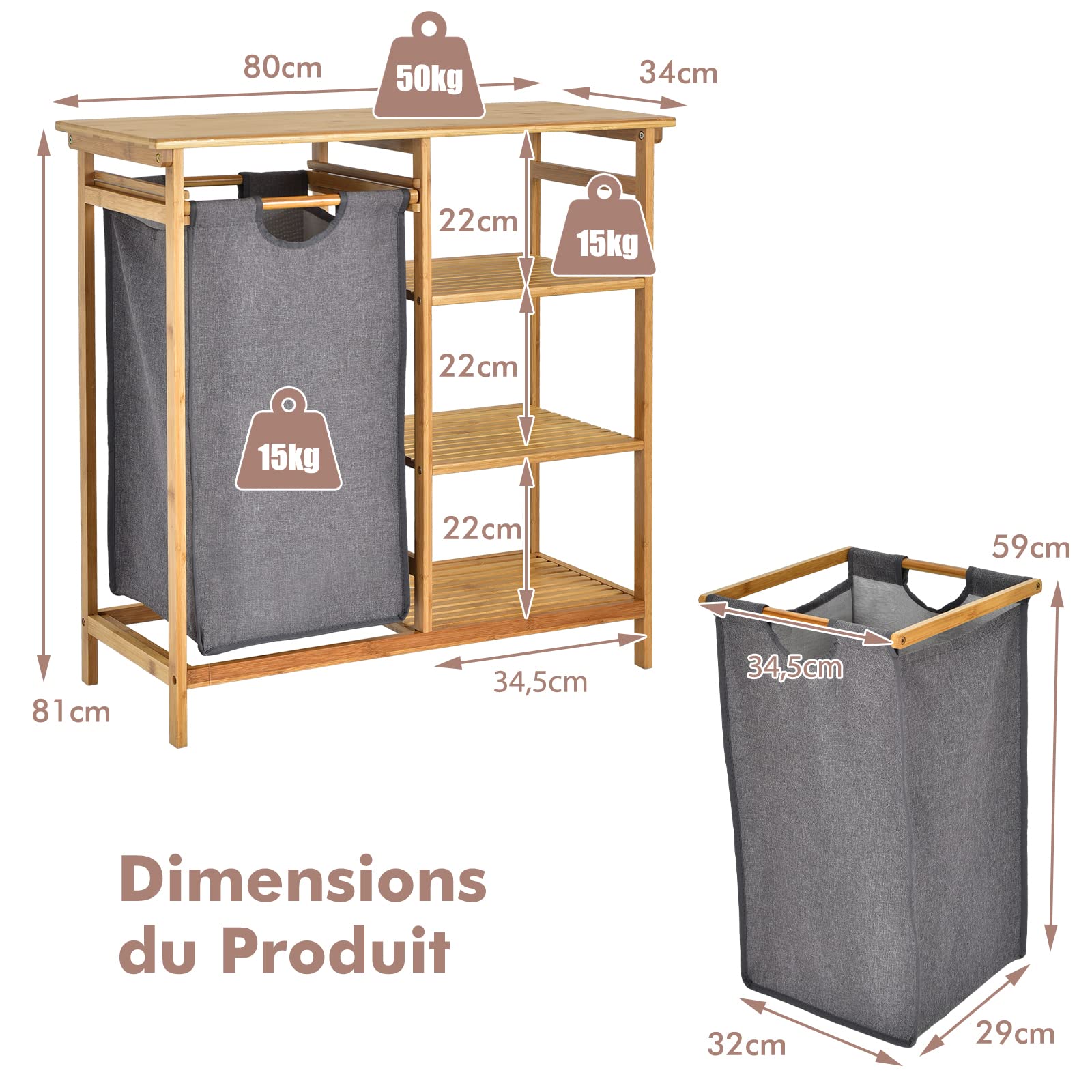Panier à Linge Bambou 2 Étagères YOUDEONOVA - 93x64x33cm Avec 2 Sacs