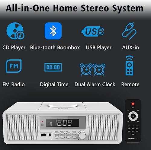 Miniatura 2 de Reproductor de CD Bluetooth retro con reloj despertador y radio FM, altavoces estéreo de 20 W, diseño de carga superior, alarma dual, entrada
