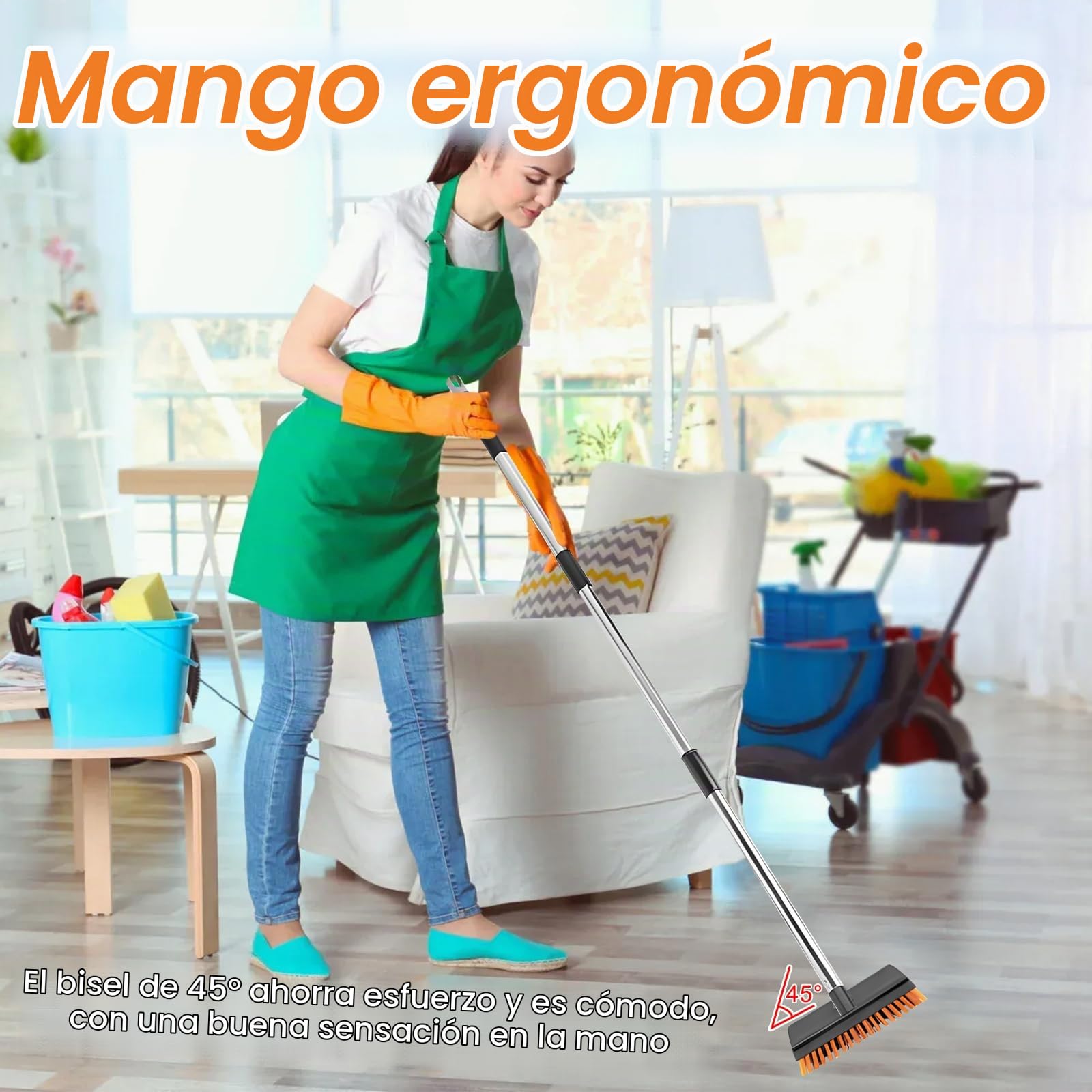 Escoba de Jardín, Escoba de Empuje con Mango, Cepillo Barrendero Fibra Dura Fuerte, Cerdas de Elastón, para La Limpieza de Balcón, Terraza, Jardín, Aceras, Senderos, Interior y Exterior