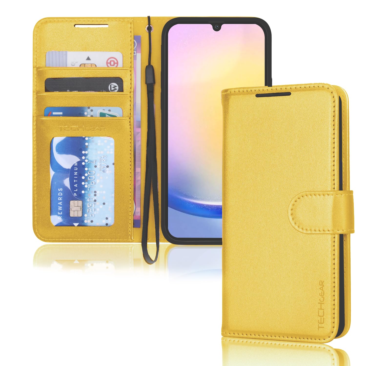 TECHGEAR Funda de Cuero tipo Cartera para Galaxy A25 5G, Funda Protectora con Tapa [BLOQUEO RFID] con Tarjetero, Soporte y Correa para la muñeca - Cuero PU Dorado Rosa con Cierre magnético para Samsun — view 8