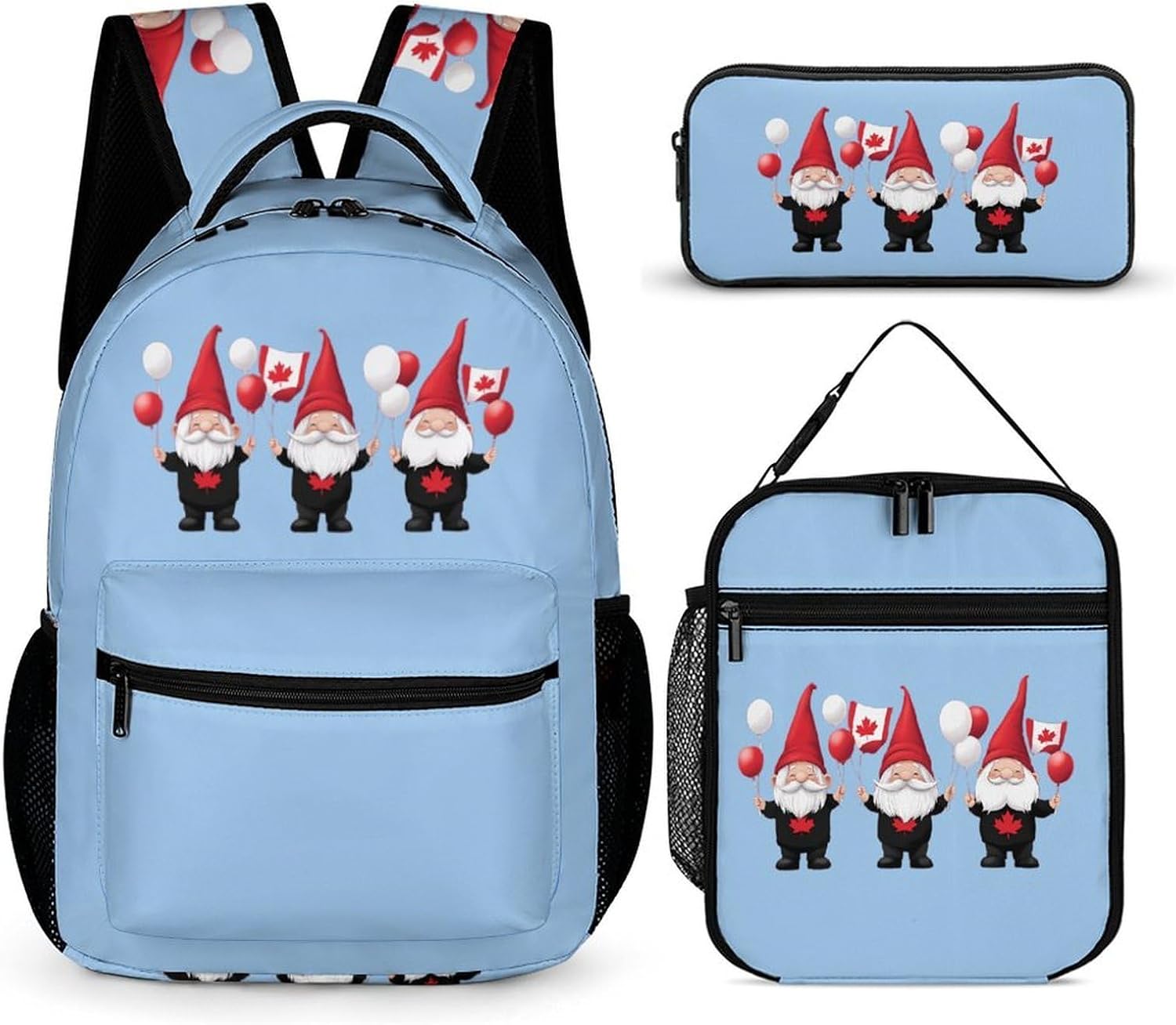 Canada Day And Gnomes Cute Backpack Sets with Lunch Box And Pencil Case Casual 3Pcs Daypack Set for Women Men