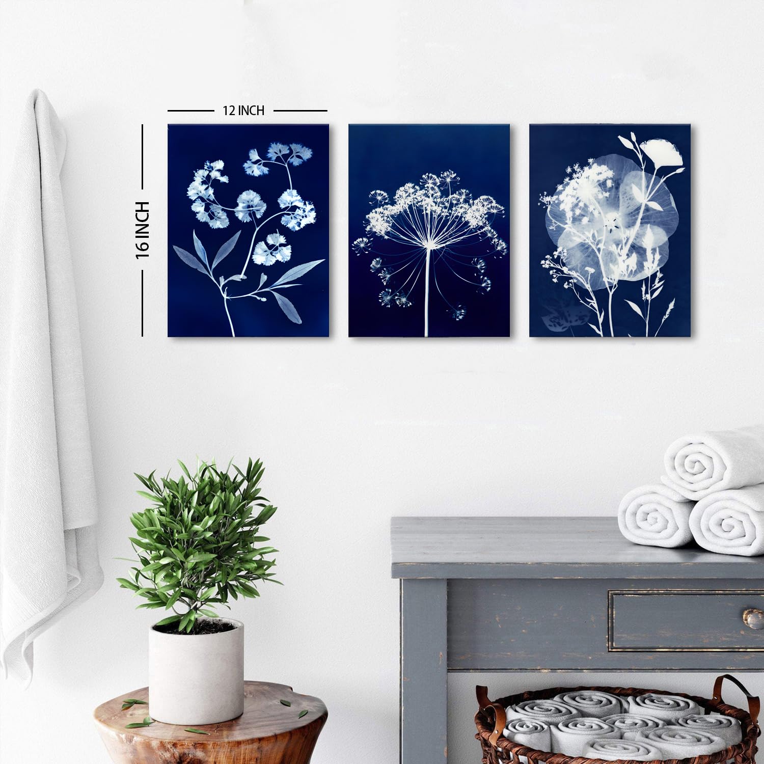 White Flower Wall Art Minimalist Floral Wall Decor Abstract Navy Blue Botanical Canvas Pictures Farmhouse Wildflower Paintings Nature Artwork for Living Room Bedroom Bathroom Decorations 30x40cm 3Pcs - Image 2