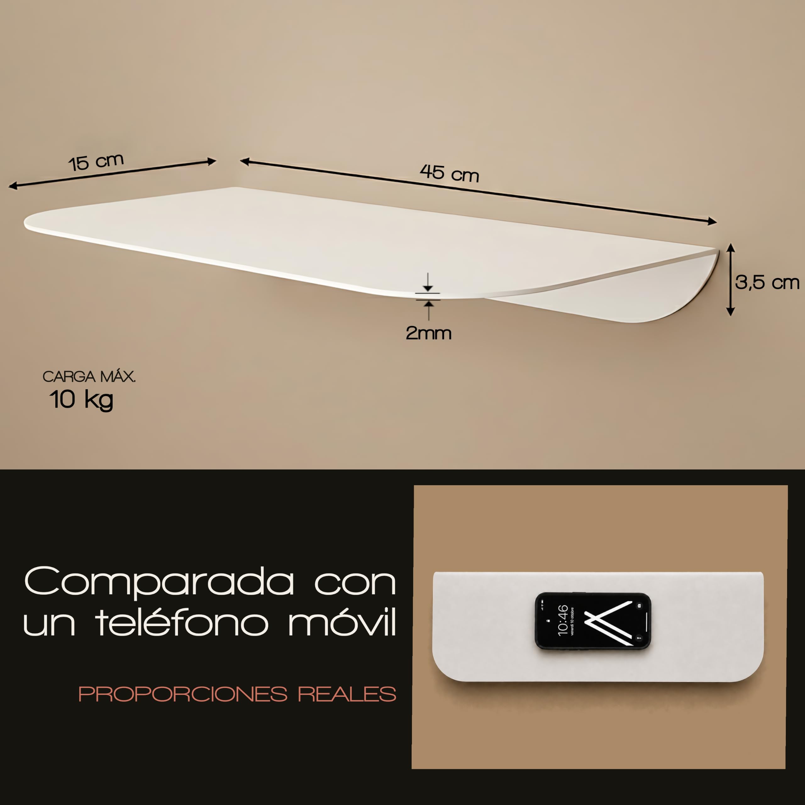Audace Orizzonte – Estantería de Pared en Acero, Blanco Mate, 45 | Estante Flotante Diseño para Baño, Salón, Dormitorio, Recibidor | Carga 10 kg | Made in Italy