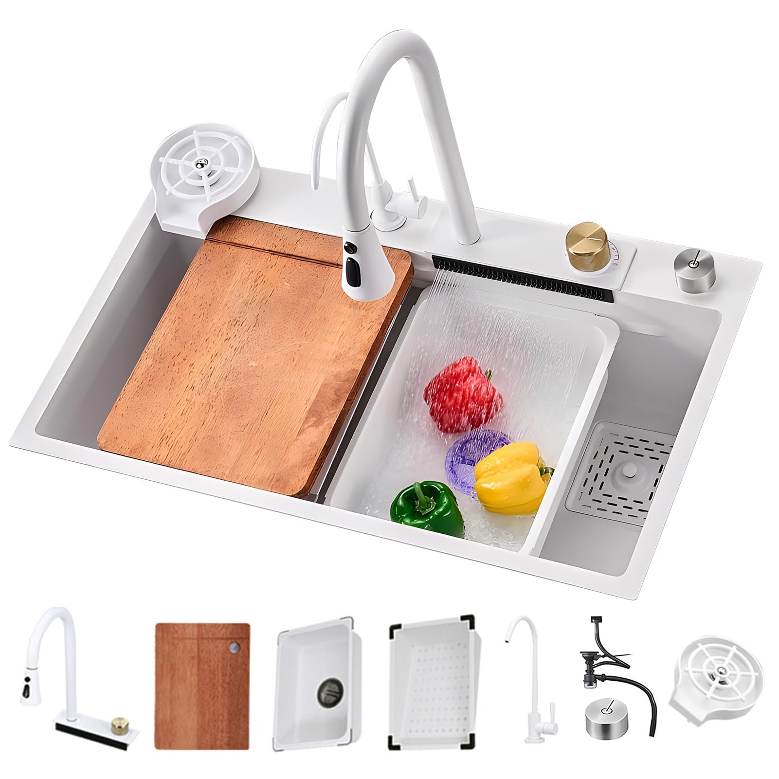 Évier cascade en acier inoxydable blanc avec rince-verre intégré pour cuisine moderne