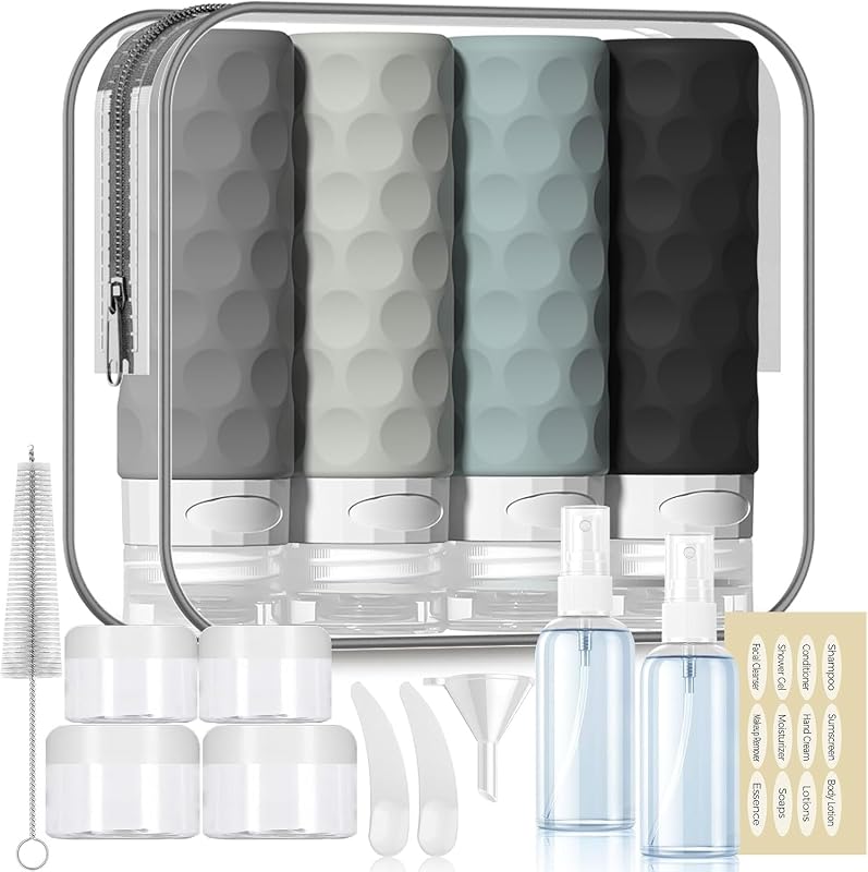 Silevoler Kit com 16 Recipientes Recarregáveis para Viagem com Bolsa de Higiene, Cinza