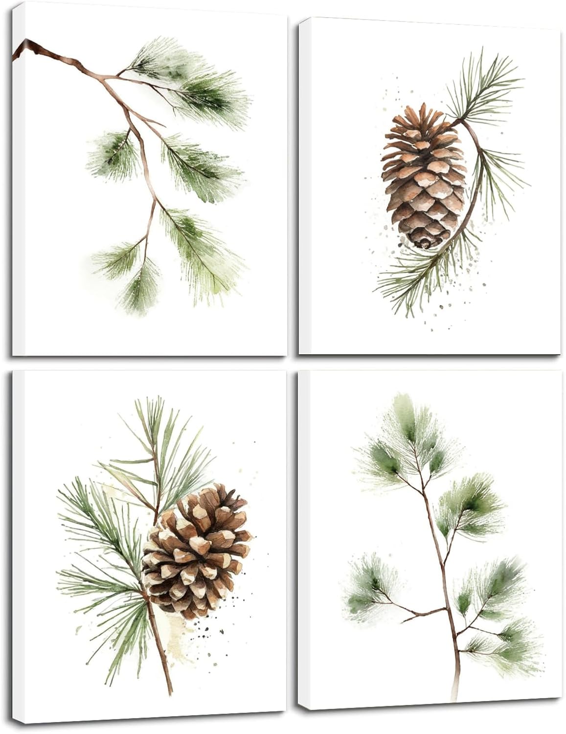 TOCDGOO Pine Cone Wall Art, Set of 4 Framed Watercolor Pine Tree Canvas Prints, 8x10 Inch Minimalist Botanical Nature Decor for Home or Office