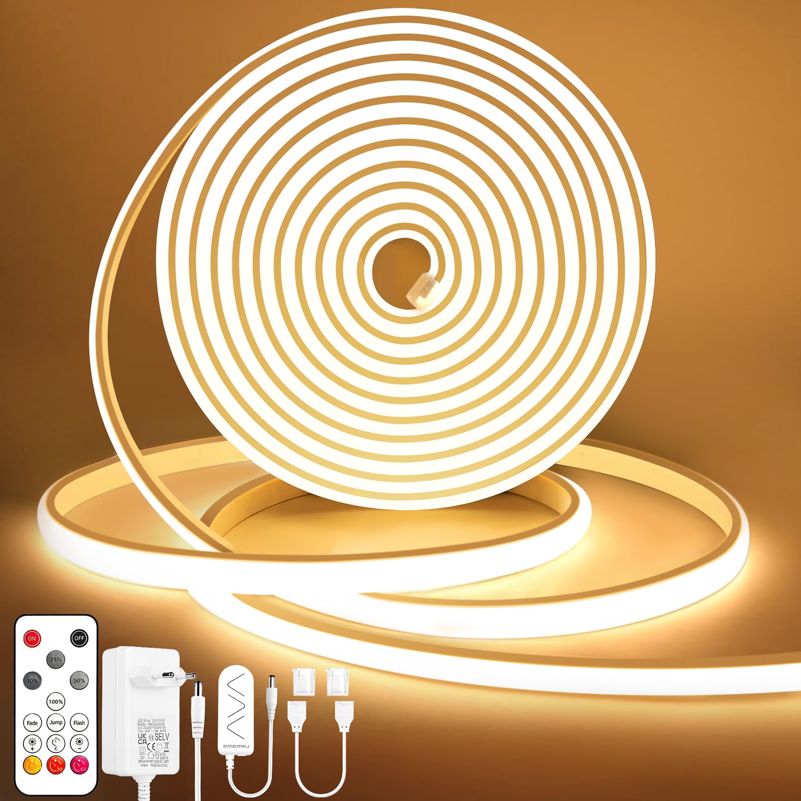 Lamomo COB LED Streifen, Warmweiss Dimmbar 3M LED Strip, Wasserdicht 3000K Neon Led Leiste mit Fernbedienung, Silikon Flexibel Lichtleiste für Schlafzimmer Innen Außen Küche DIY Deko, CRI90+