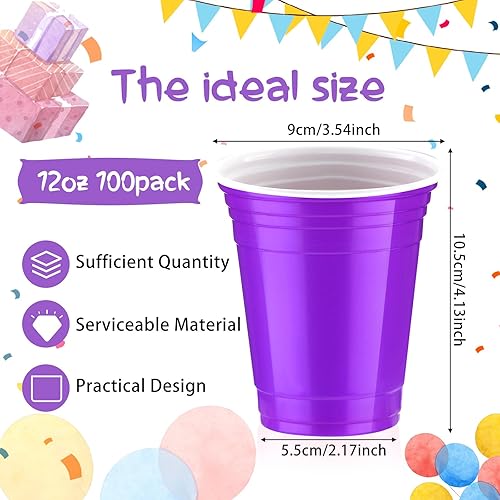 Miniatura 2 de Sabary Paquete de 100 vasos de plástico de 12 onzas con líneas para bebidas de alta resistencia para Navidad, campamento, barbacoas, fiesta de