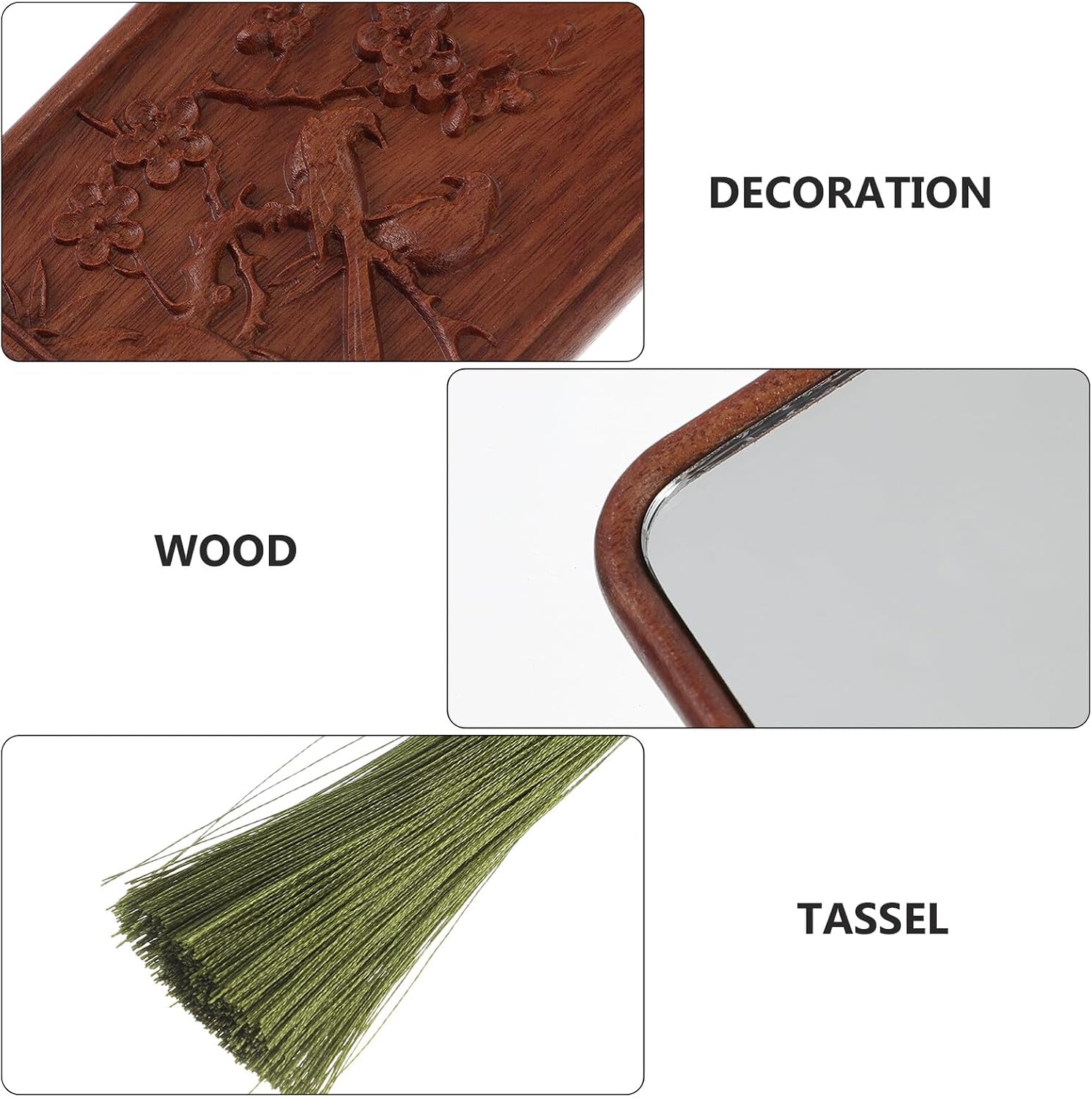Alipis Wood Carved Cosmetic Mirror with Tassel Pendant, Square Women’s Makeup Mirror, Fashion Compact Vanity Tool for Desk and Travel, Handheld ’ Wooden Makeup Accessory image 3
