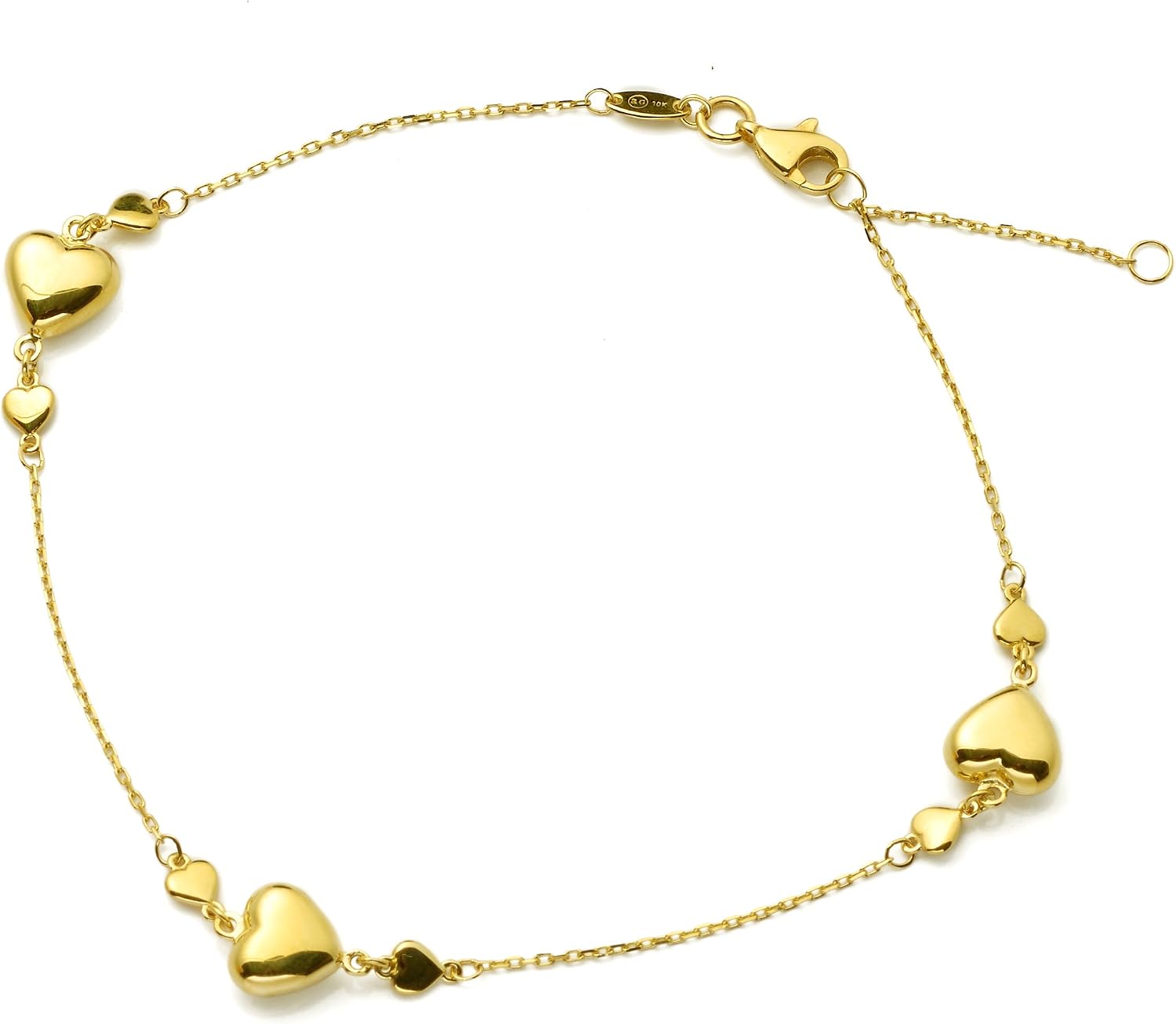 LoveBling 10K Yellow Gold .5mm Diamond Cut Rolo Chain with 3 Heart Row Charm Anklet Adjustable 9" to 10" (#64)
