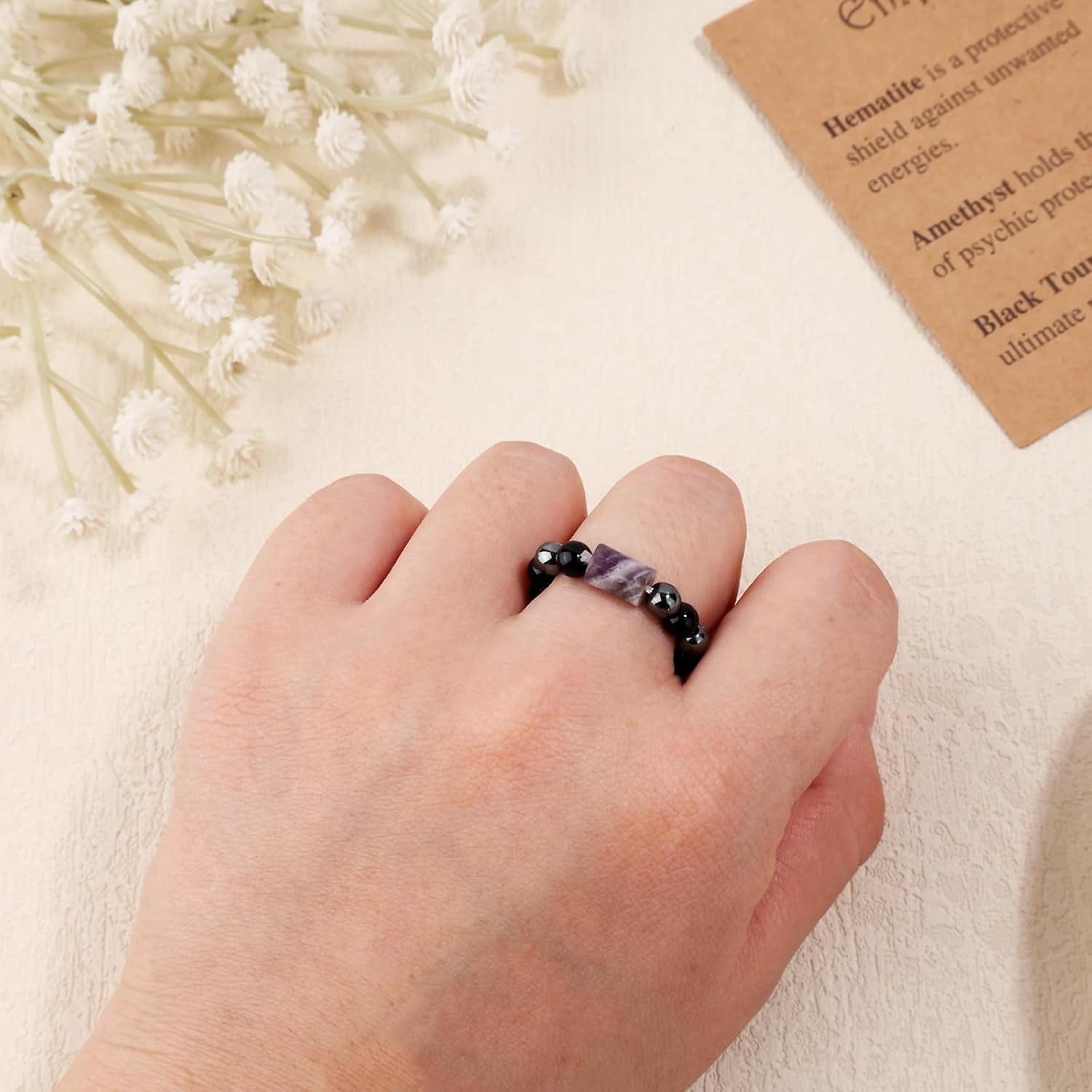 Mikovivi Crystal Bead Rings, Spiritual Mood Ring with Card Natural Spiritual Lucky Stone Finger Women Costume Jewelry Fashion Unique Birthday Gift