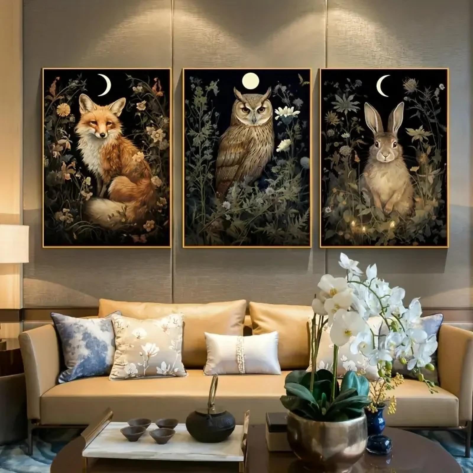 CHAOJIART 3pcs Abstract Dark Jungle Animal Canvas Wall Art - Vibrant Moon Phase Woodland Painting with Animals & Botanical Prints 70X90cmx3 InternalFrame