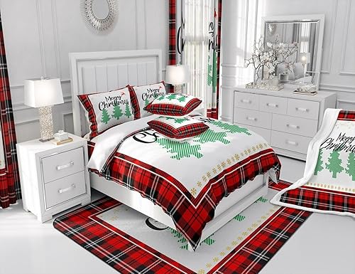 Miniatura 4 de Homewish Juego de funda de edredón de árbol de Navidad, tamaño Queen, juego de ropa de cama a cuadros rojos y negros, funda de edredón de rayas