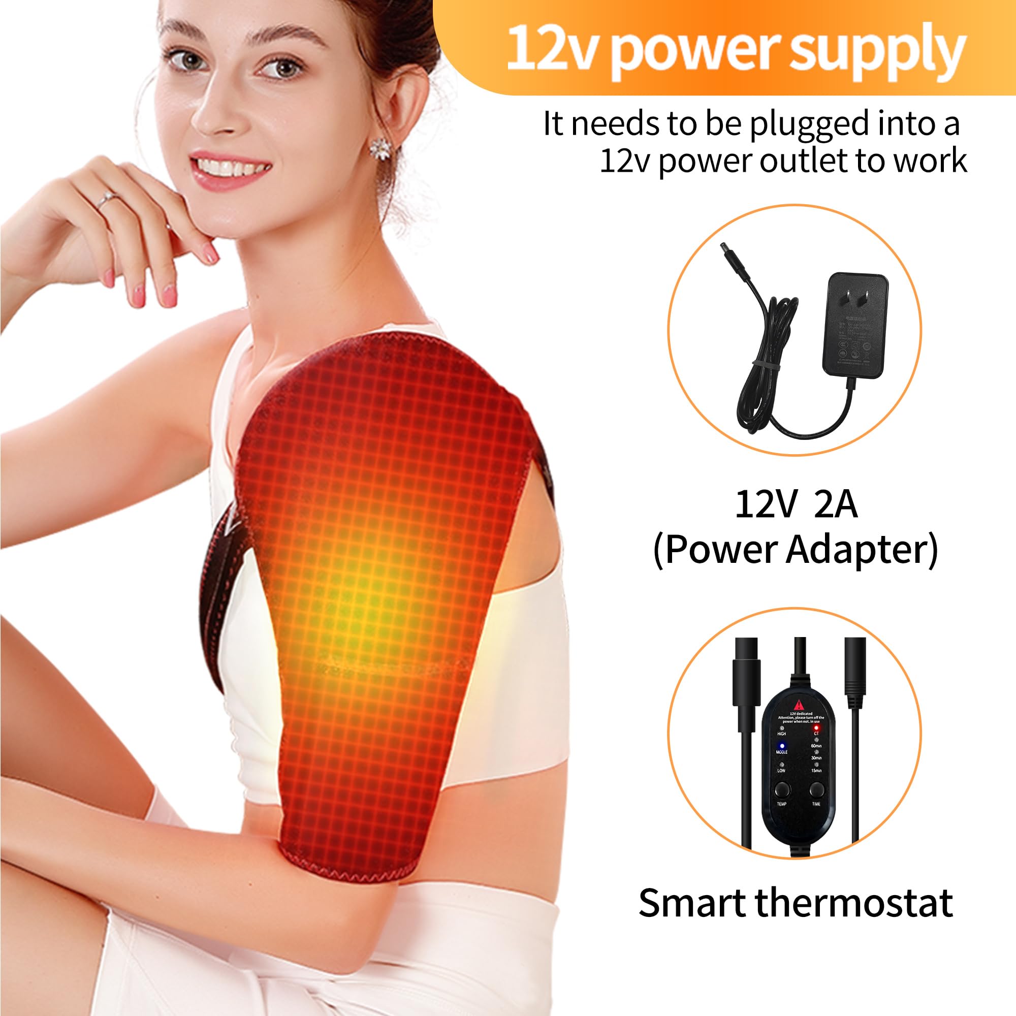 Termoforo per spalla, Tutore Spalla Riscaldato, con 3 impostazioni di calore e tempo, bendaggio termico per spalla sinistra/destra, con alimentatore S/M (non wireless)