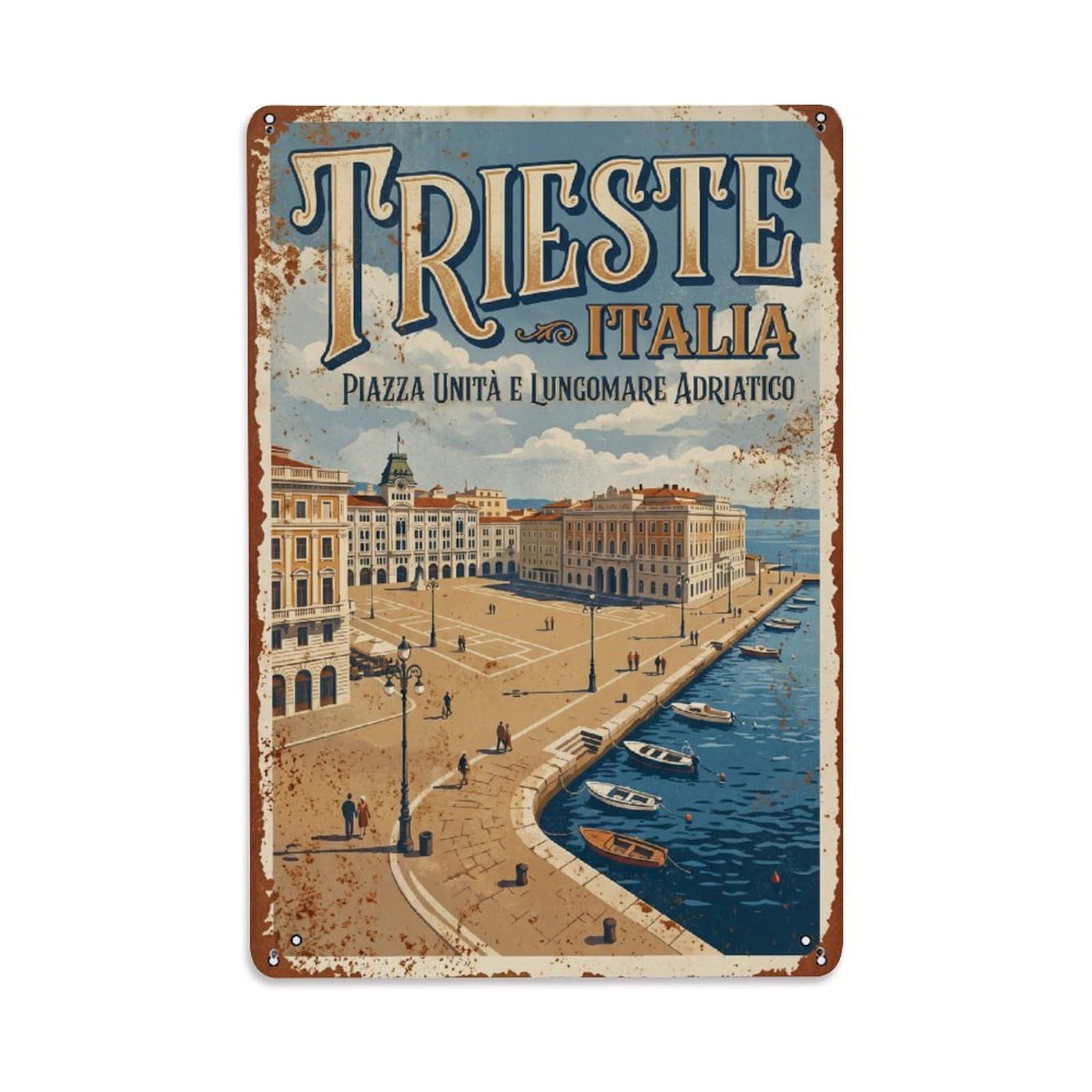 Vintage Travel Trieste Italy Metal Tin Sign Wall Decor for Cafe, Club, Garden Metal Poster 8x12Inch