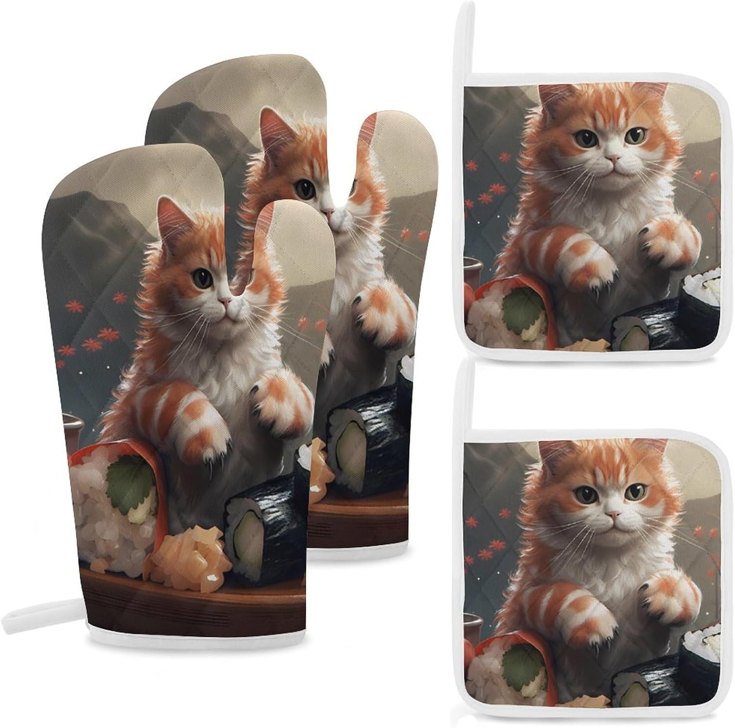 Japanese Sushi Cat 4 Pcs Oven Mitts and Pot Holders Set High Heat Resistant Long Kitchen Oven Glove Potholders