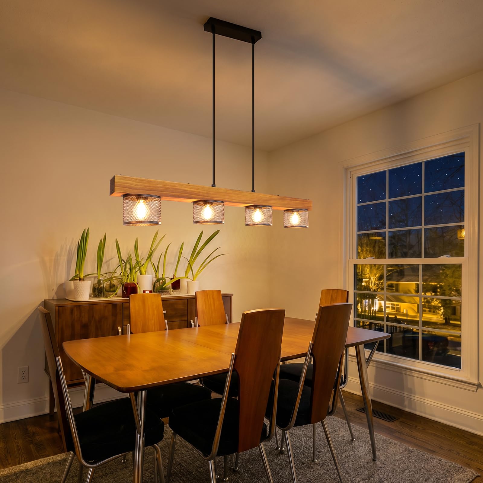 ZMH Vintage Pendelleuchte Holz Hängelampe esstisch 4 flammig mit Holzbalken | Schwarz Hängeleuchte retro Esstischlampe E14 Esszimmerlampe aus Metall für Küche Wohnzimmer Esszimmer (Ohne Leuchtmittel)