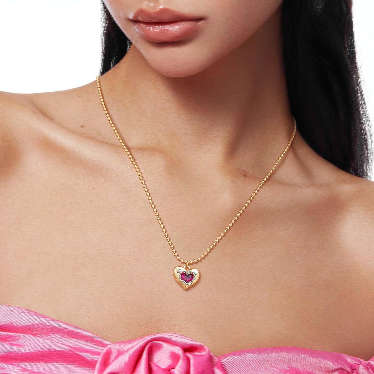 Fettero Gold Heart Necklace for Women 14K Gold Plated Birthstone Necklace Charm Heart Pendant Necklace Cute Love Necklace Jewelry CZ Pendant Necklace Birthday Gift for Women Jewelry - Image 2