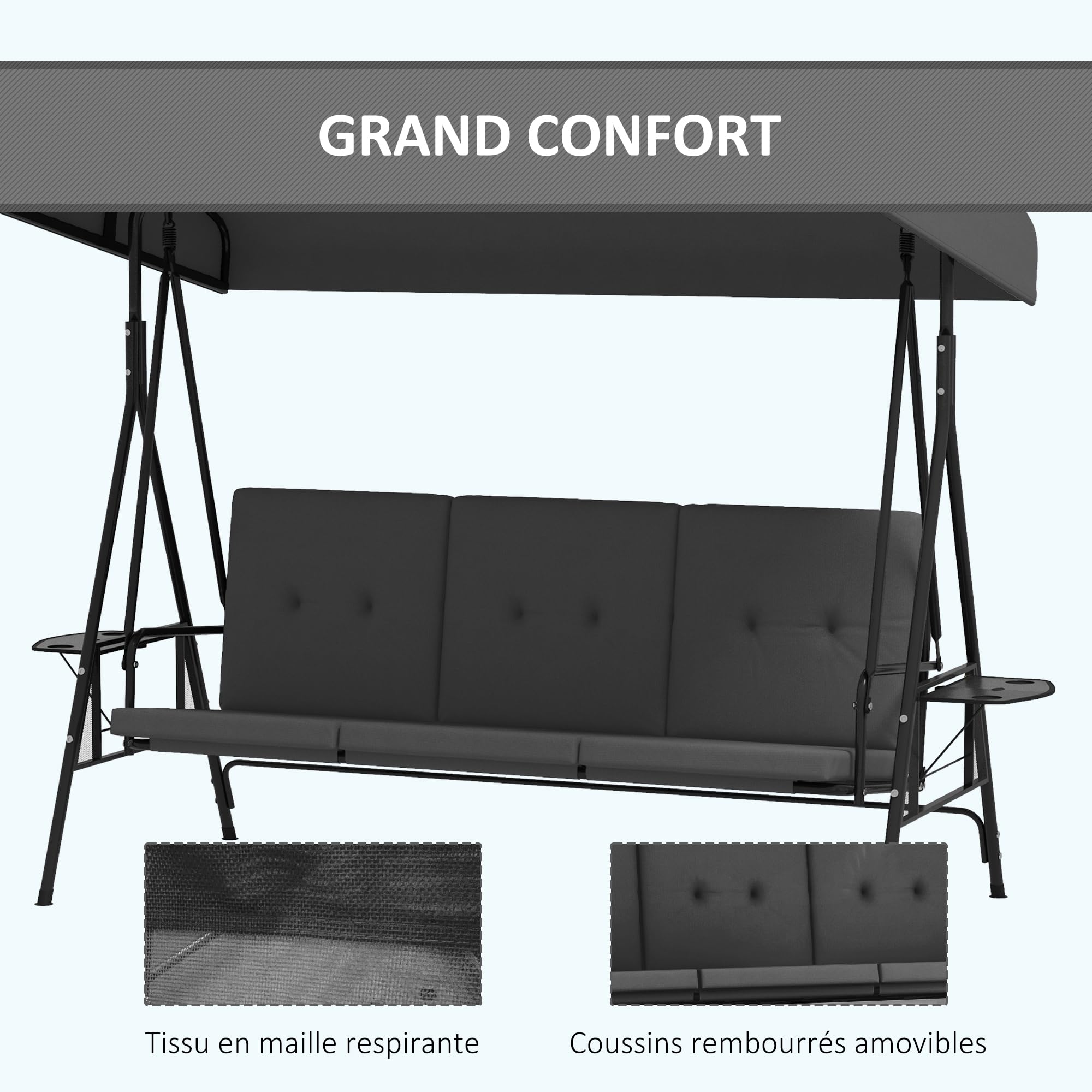 Outsunny Balancelle de Jardin 3 Places Grand Confort Toit réglable Acier Polyester Gris foncé