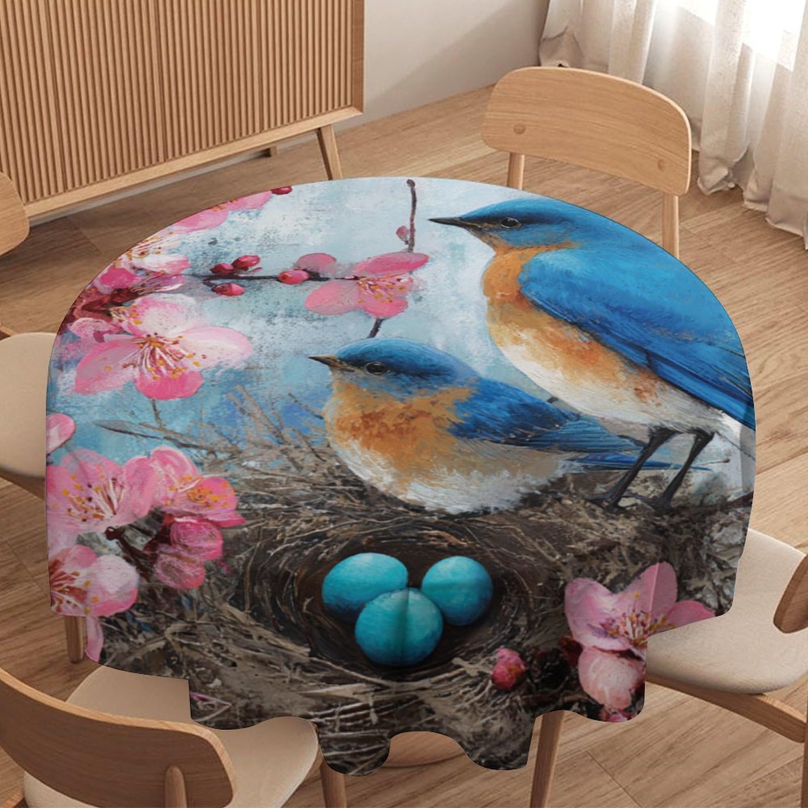 LUYYSKY Cute Funny Bird Family Round Tablecloth Beautiful Realistic Japanese Cherry Blossom Tree Animal Blue Bird Washable Decor for Table Cover for Kitchen-127 Wx127 L cm