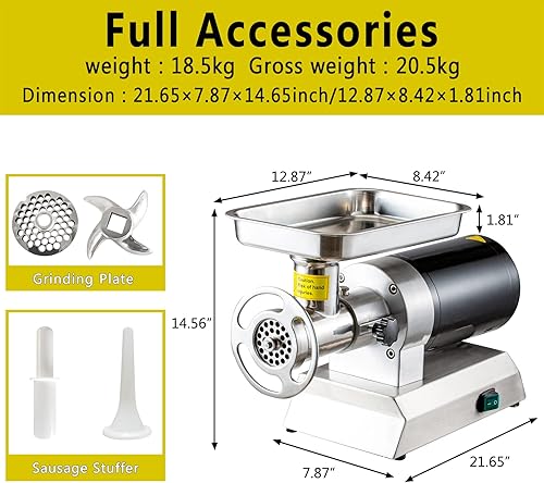Miniatura 5 de Picadora de carne comercial de 110 V, 1100 W, 550 librashora, picadora de carne industrial de acero inoxidable desmontable de 193 rmin con 4