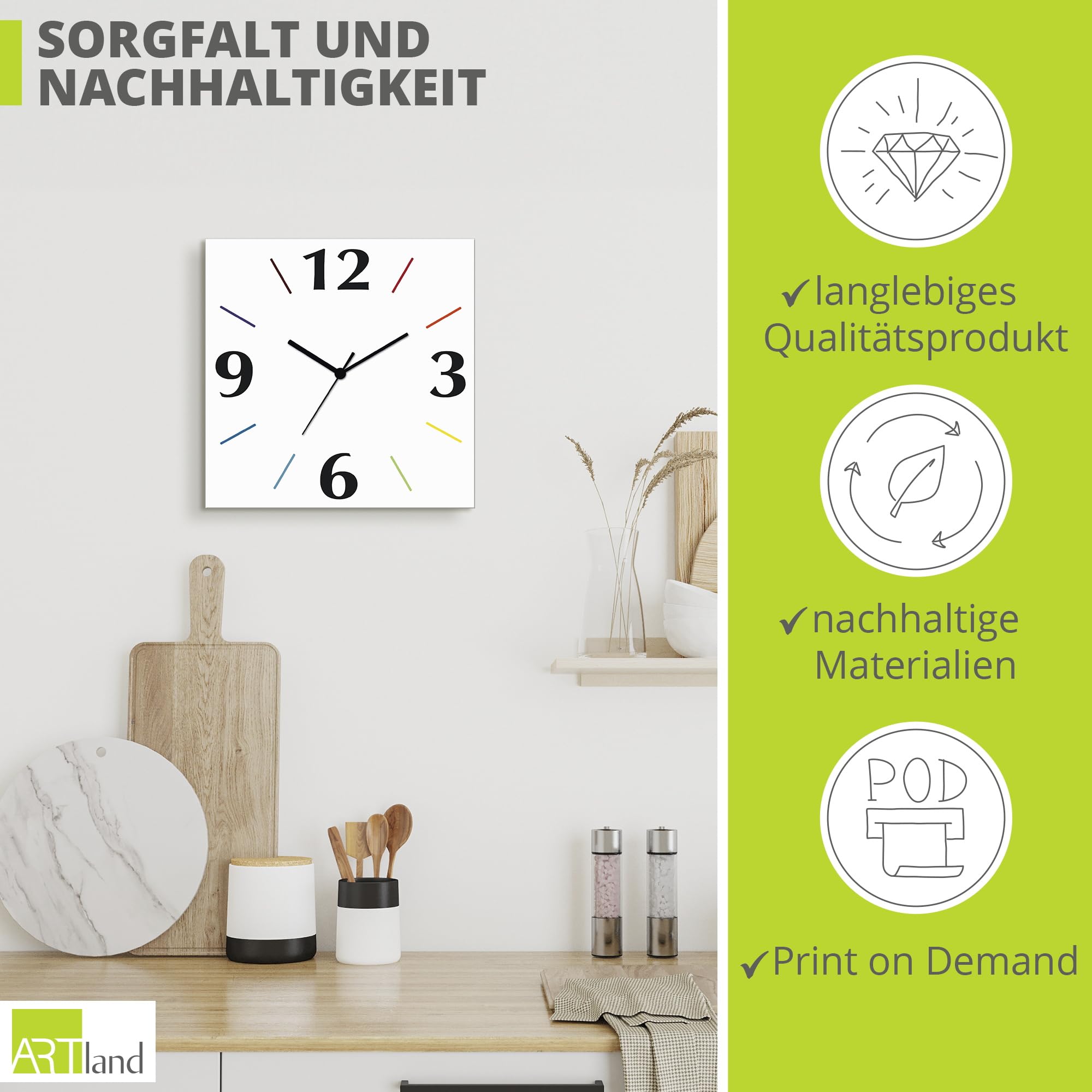 ARTLAND Wanddeko Wanduhr ohne Tickgeräusche Alu Funkuhr 30x30 cm Quadratisch Lautlos 4 Ziffern Farbig Schlichtes Design Weiß S7KI
