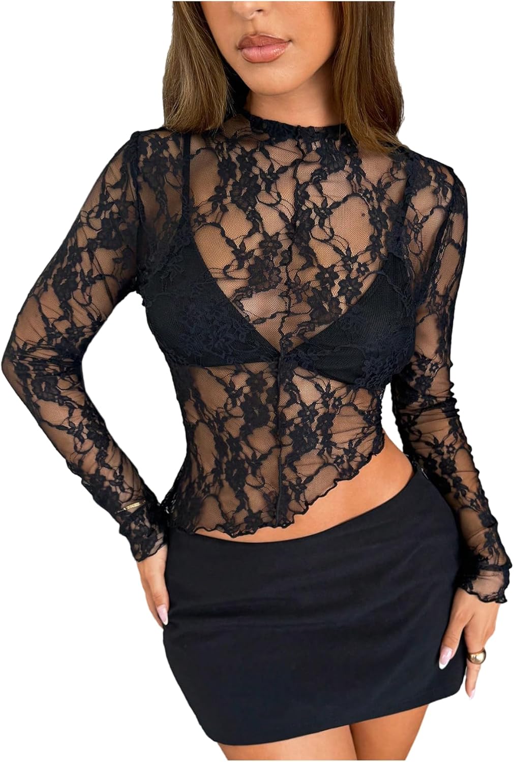 MakeMeChic Women's Floral Lace Sheer Top Crewneck Long Sleeve Lettuce Trim Party Club Tops