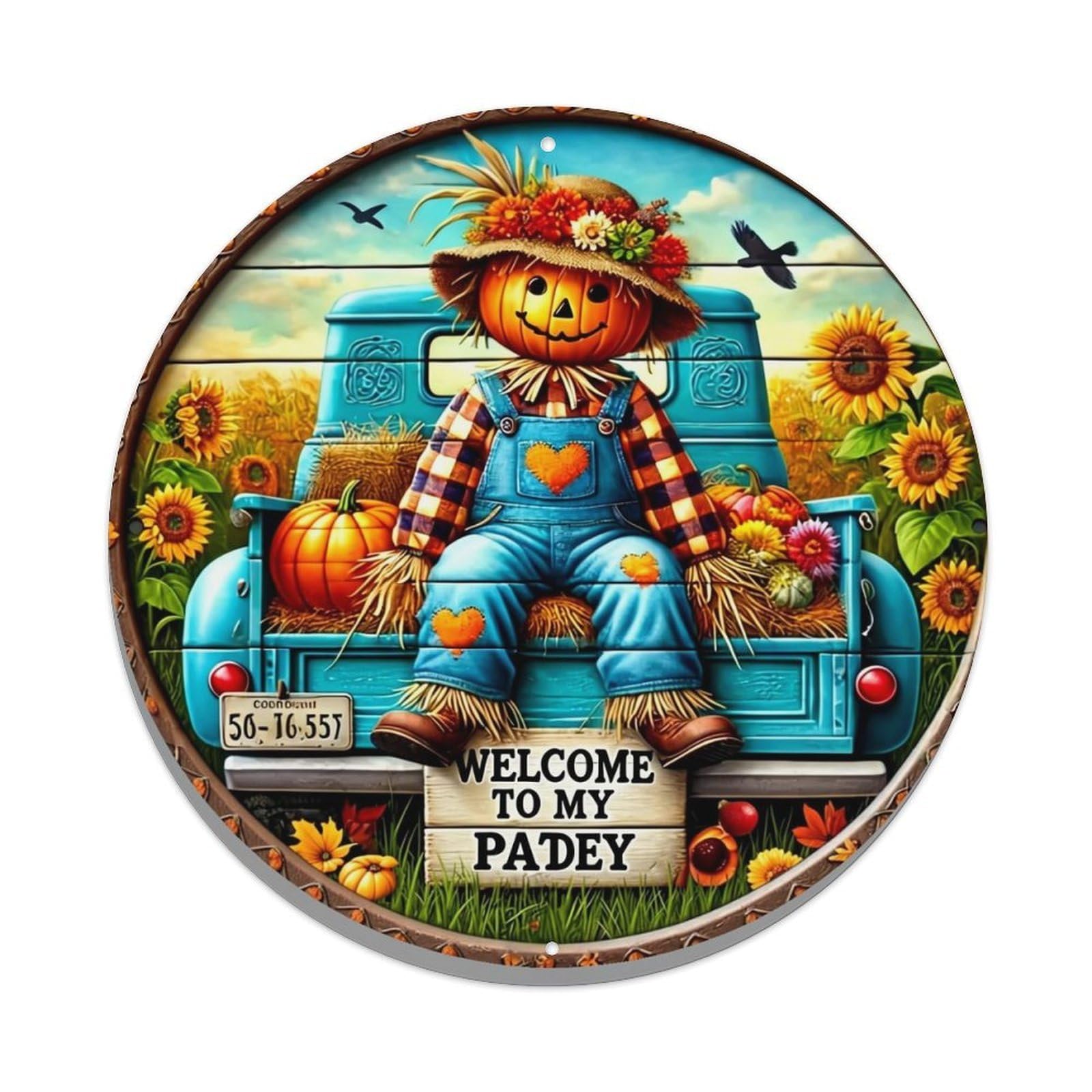 Pumpkin Scarecrow Truck Sunflowers Autumn Retro Metal Sign Round Tin Sign, Vintage Decor Art Poster for Bar, Home, Man Cave, Kitchen, Laundry Room Gift 8x8Inch