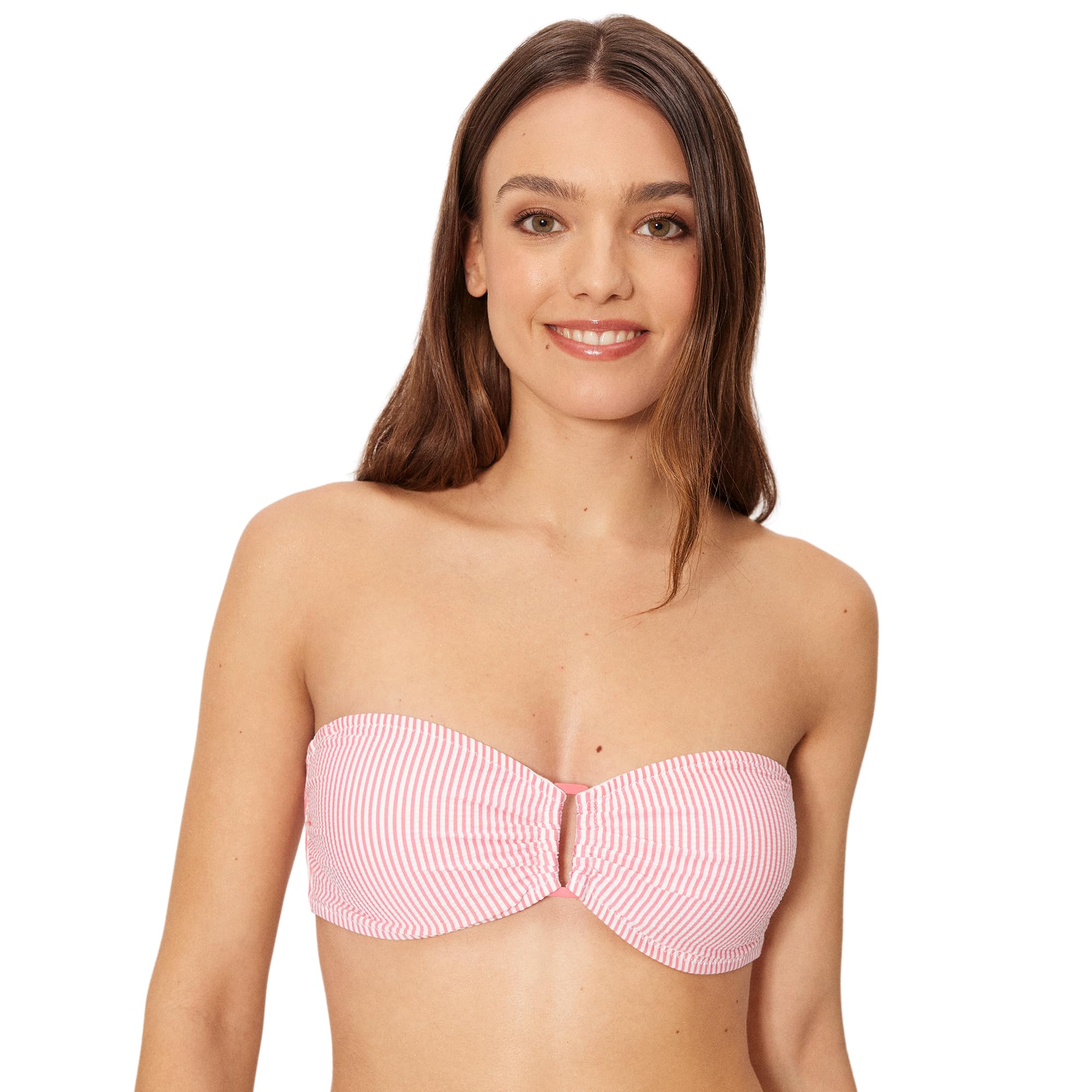 YSABEL MORA. Top Bikini Bandeau Bambula Rosa Copa B. con Aro y Relleno Extraíble. Tejido con Textura. Tirantes Regulables y Desmontables. Anudado en la Espalda. Colección Boat.