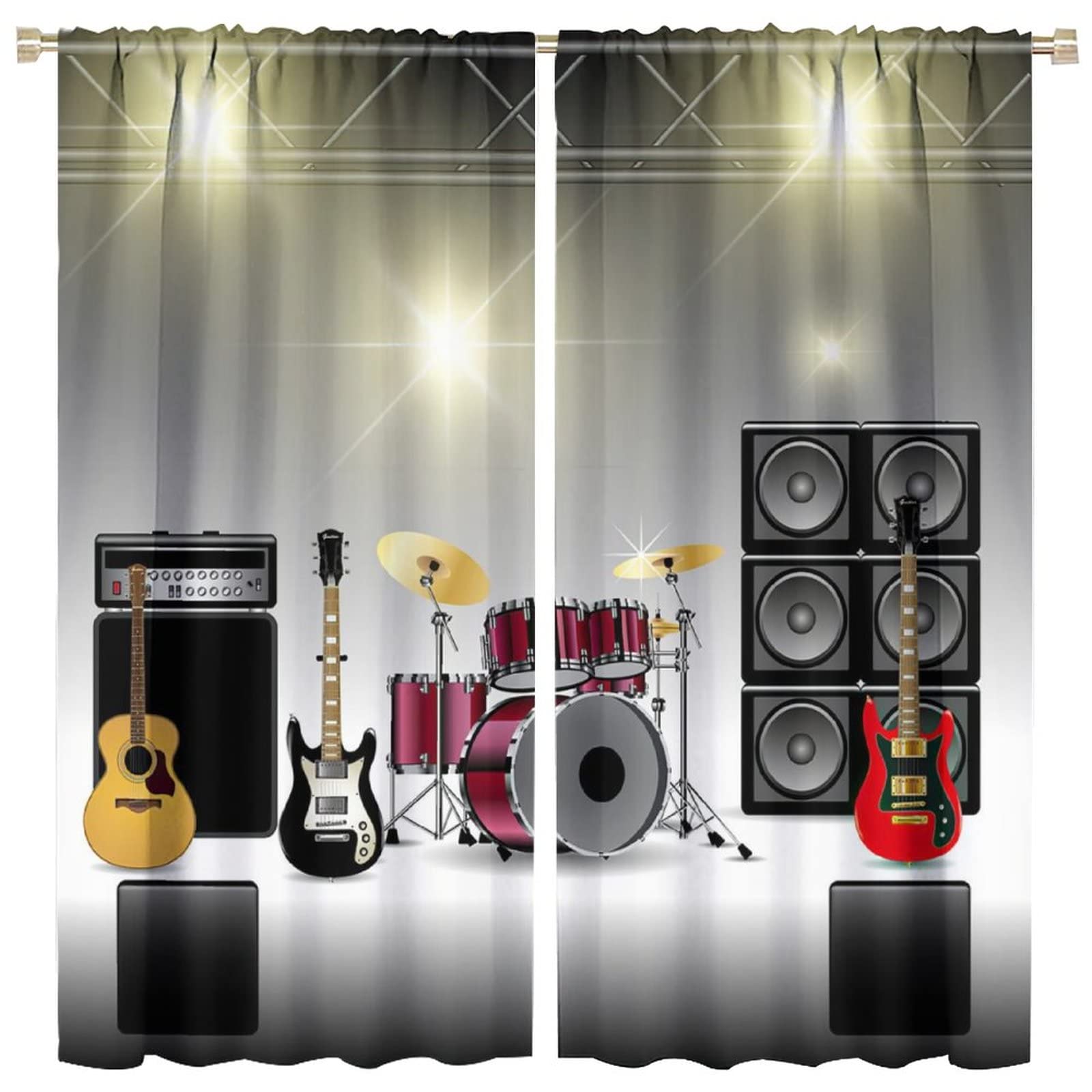 Rock Music Curtains for Living Room,Musical Instrument Curtain Guitar Blackout Rod Pocket Window Drapes for Teens Boys Bedroom Living Room W63xL63in