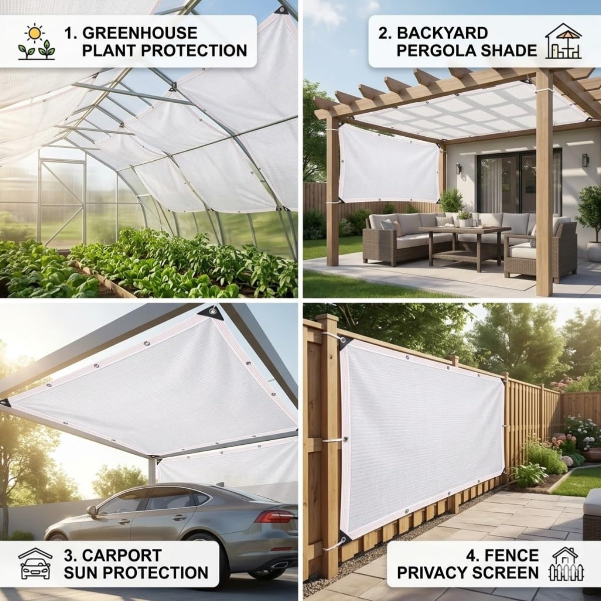 Jardineria Malla Sombra 4x3 6x6 5x3 3x2 Blanca 50% Sombreo, Maya Sombra 6x4 Reforzada, Techo para Patio Exterior con Ojales Cada 50cm, para Jardín, Terraza, Más(5X5M)