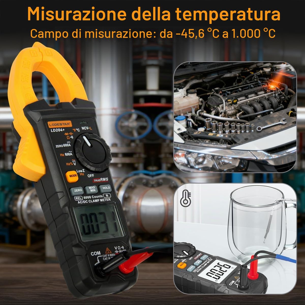 GALOOK LD204+ Pinza Amperometrica Multimetro Digitale Professionale, Voltmetro Amperometro per Misurare Tensione/Corrente AC DC Temperatura Capacità Resistenza Frequenza Continuità Diodo NCV LIVE