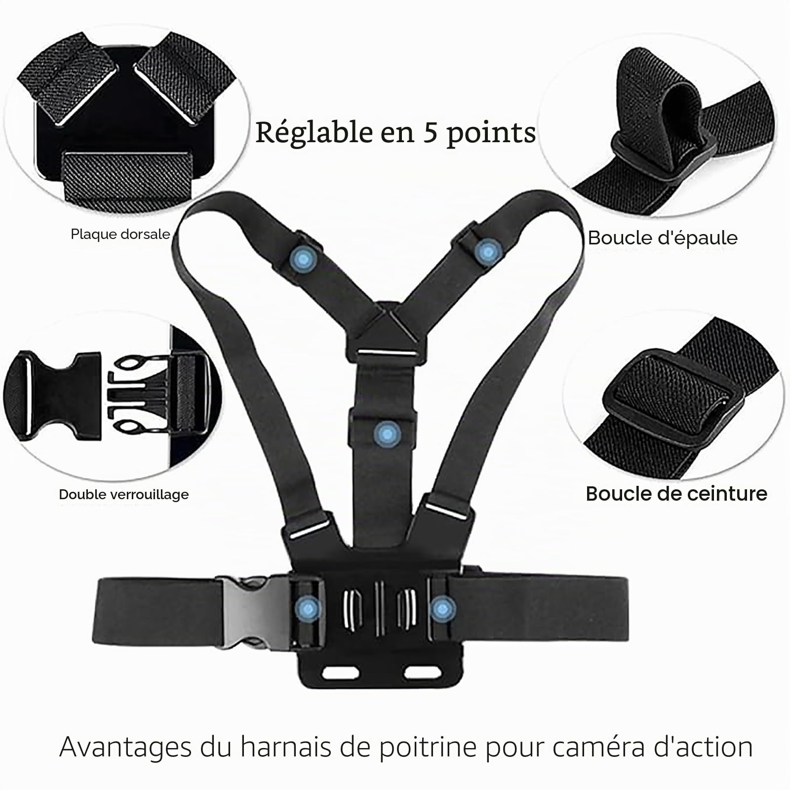 TEKCAM Harnais Poitrine Fixation Bandeau Compatible avec GoPro Hero 13/12/11/10/9/8/ AKASO V50X Brave 7/ GOOKAM/Jadfezy/Dragon Touch/Apexcam/WOLFANG Caméra d'action Accessoires