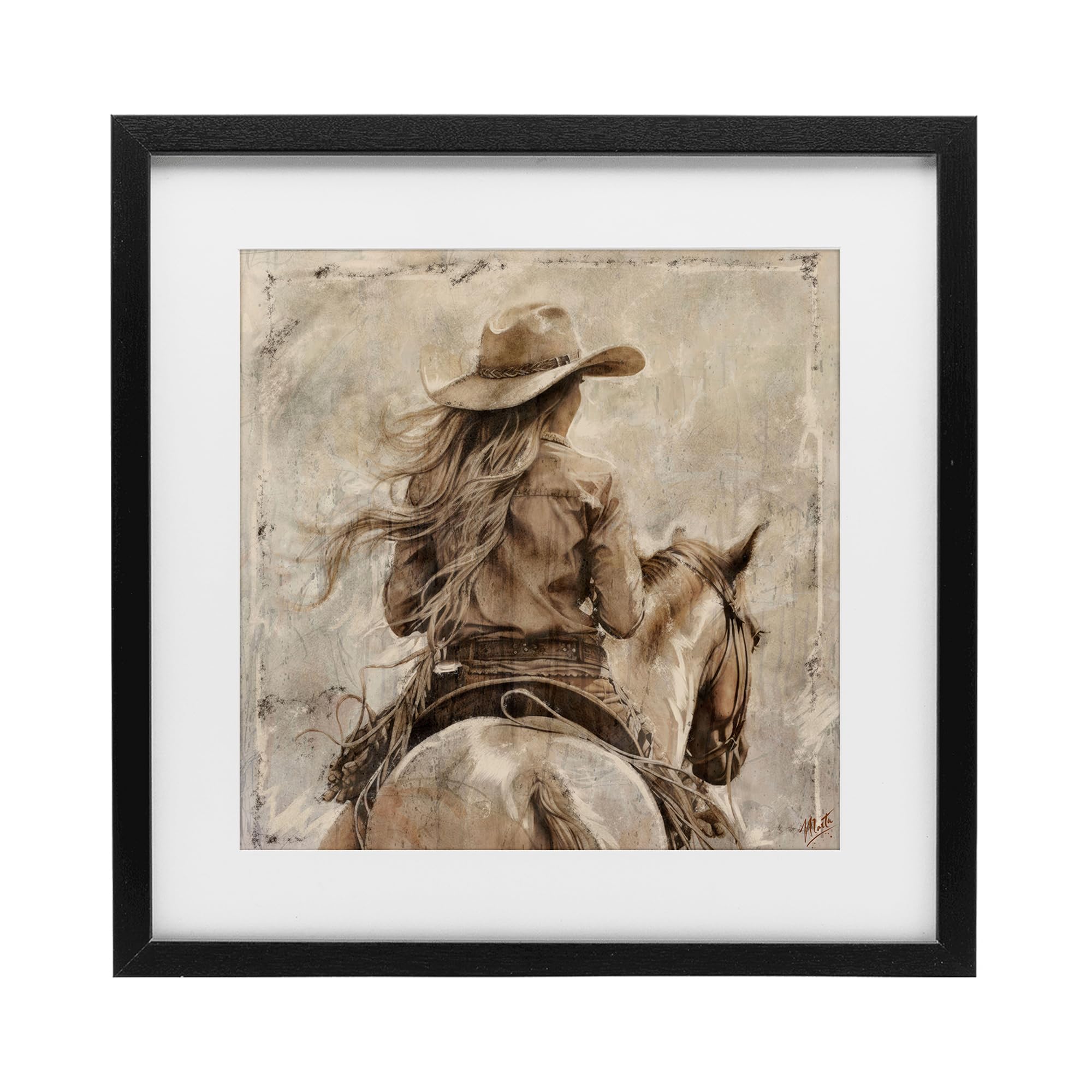 Stupell Industries Midnight Black (Textured) Windblown Cowgirl Western Adventure, 16 X 16 Inch Framed Print Under Glass