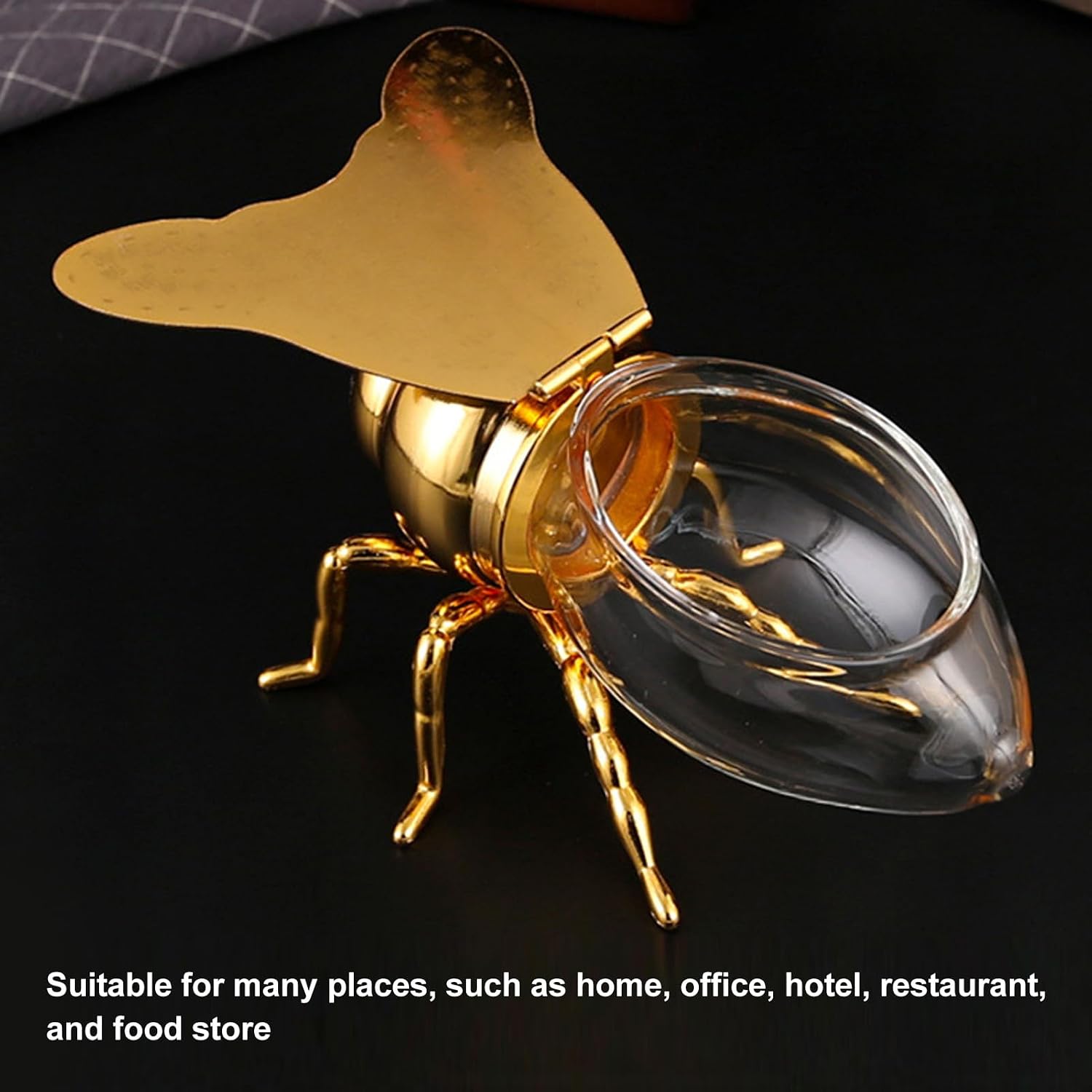Bee Honey Jar, Decorative Glass Bee Shaped Honey Pot Container, Syrup Dispenser Crystal Condiment Container Sugar Holder Bowl for Kitchen Restaurant (Gold)