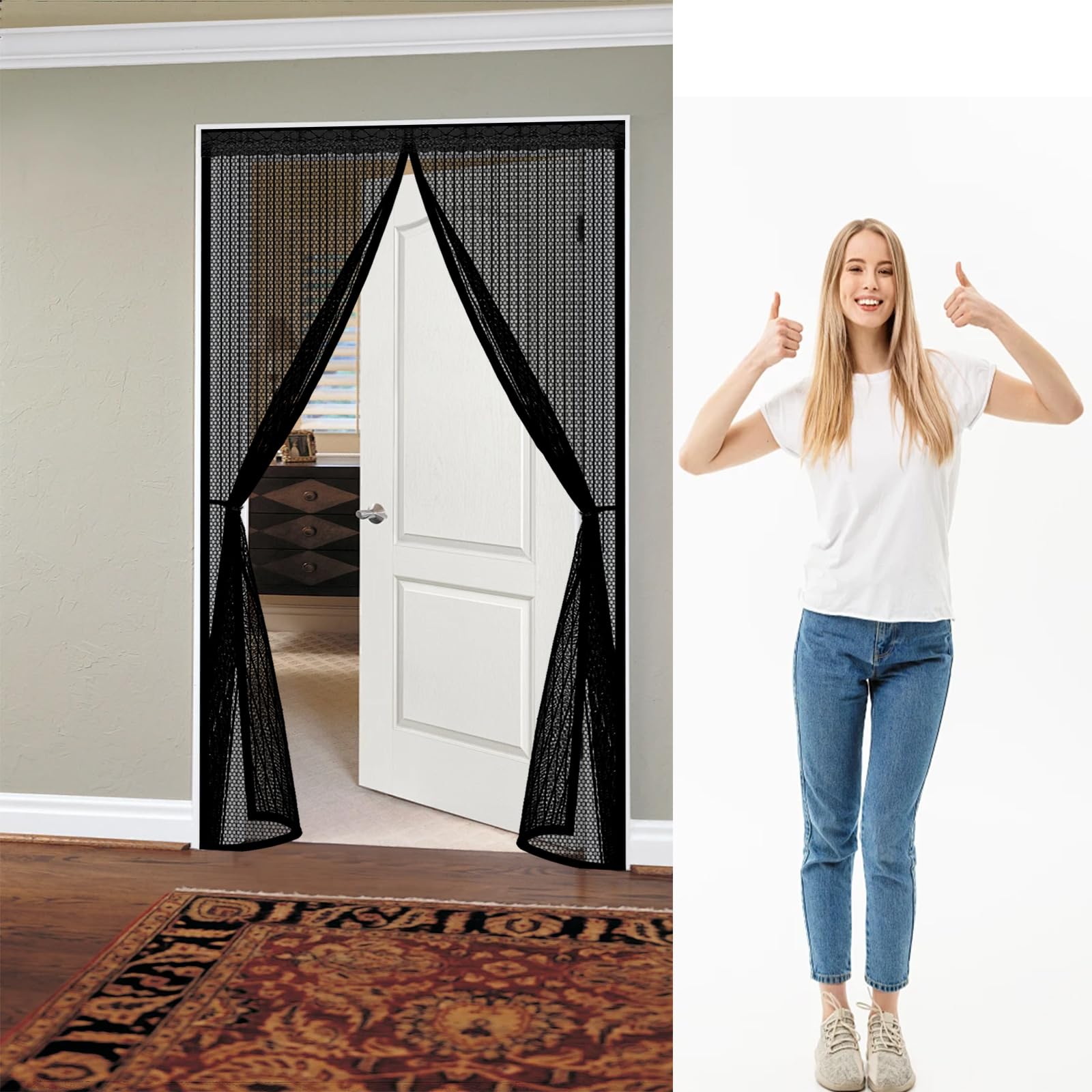 Qenhyun Black Fly Screen Door 205 X 290 Cm Keep Bugs Out, Full Frame Magic Tape, Powerful Magnets, Self Sealing, No Drill Installation, Screen Doors With Magnets For Balcony Bedroom Doors,