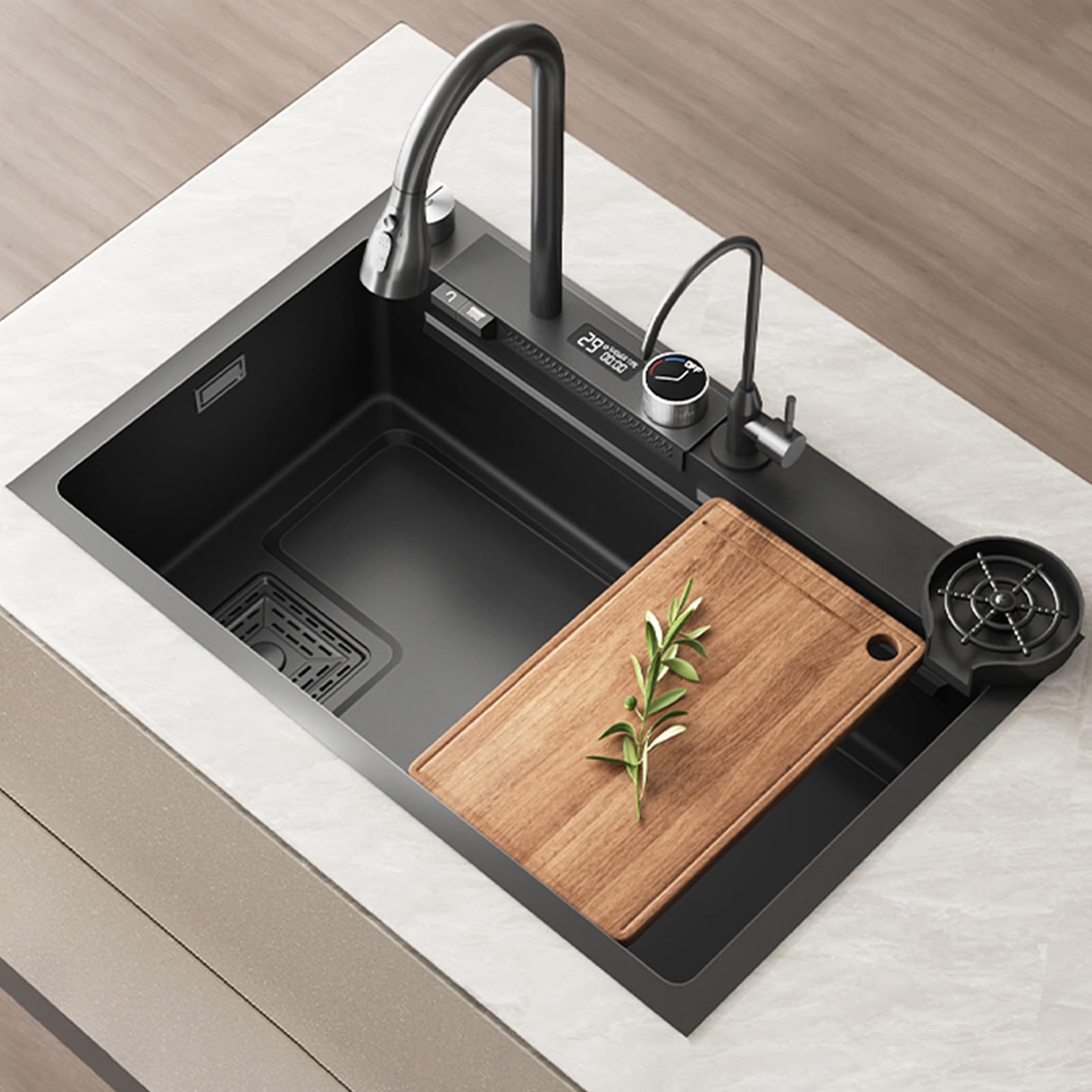 ZQFHSX 68x45cm Nano Stainless Steel Kitchen Sink – Single Bowl Workstation with Waterfall Pull-Out Faucet & Digital Display(Black-a,80x45cm)
