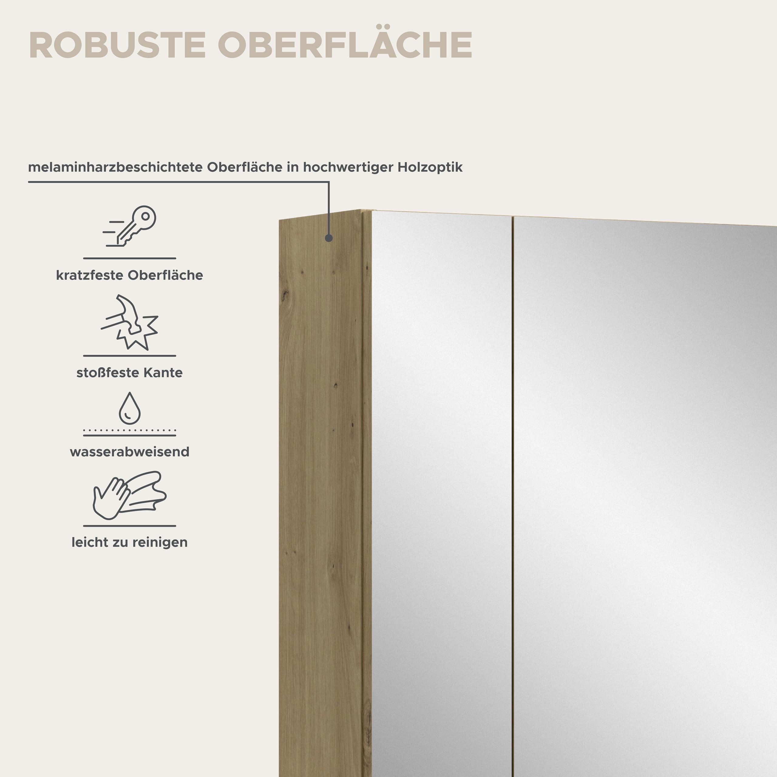 xonox.home – Spiegelschrank Ice 60x70x18 cm in Korpus und Front Artisan Oak Nachbildung – Spiegelschrank mit dunkler Holzoptik – funktional & modern – Bild 9